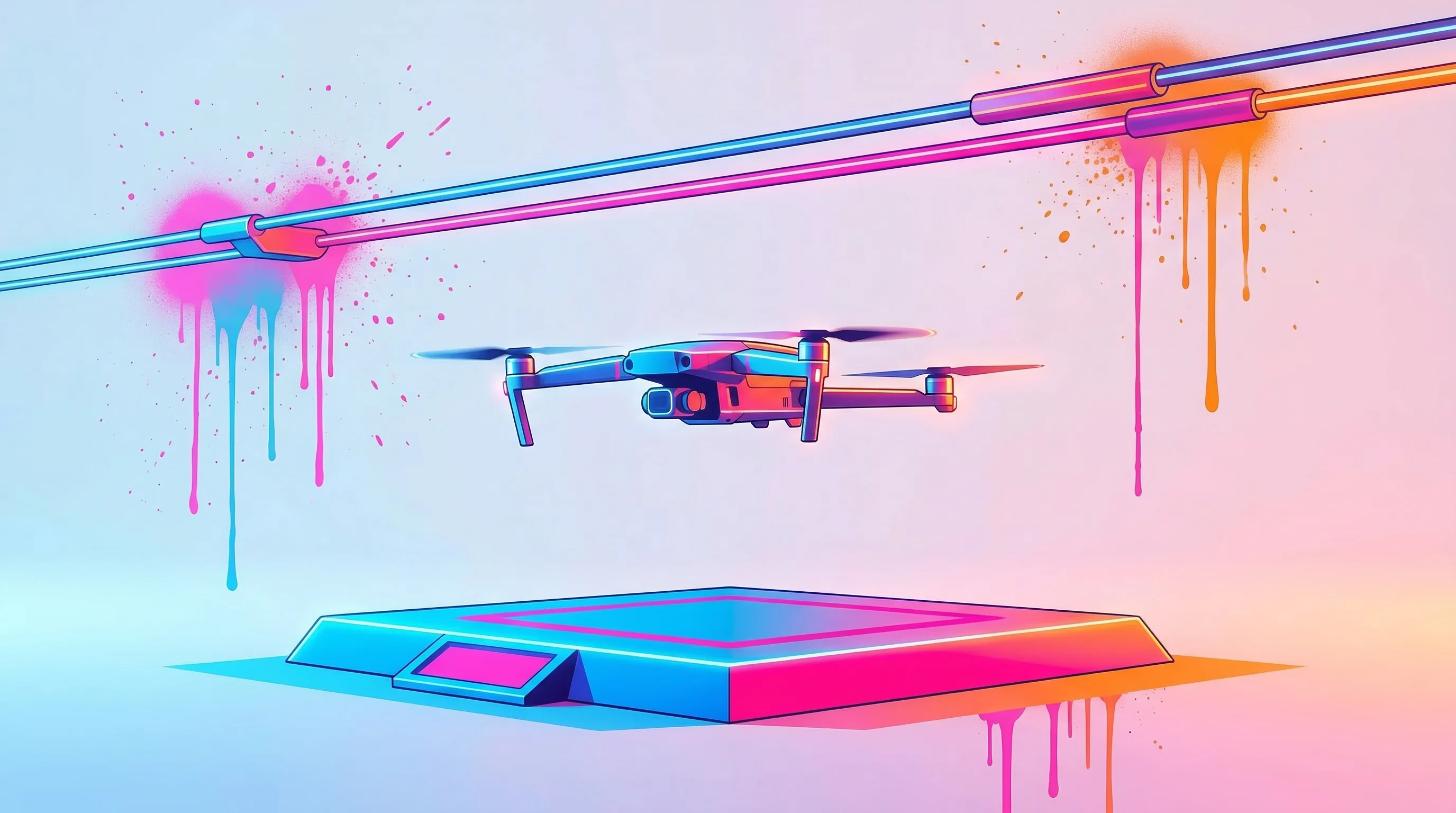 Digital illustration for article section "Betting on Two Futures" in "Voltair's Drones Charge on Power Lines for Infinite Range" - A conceptual, minimalist illustration representing a dual strategic approach, featuring a sleek, abs...