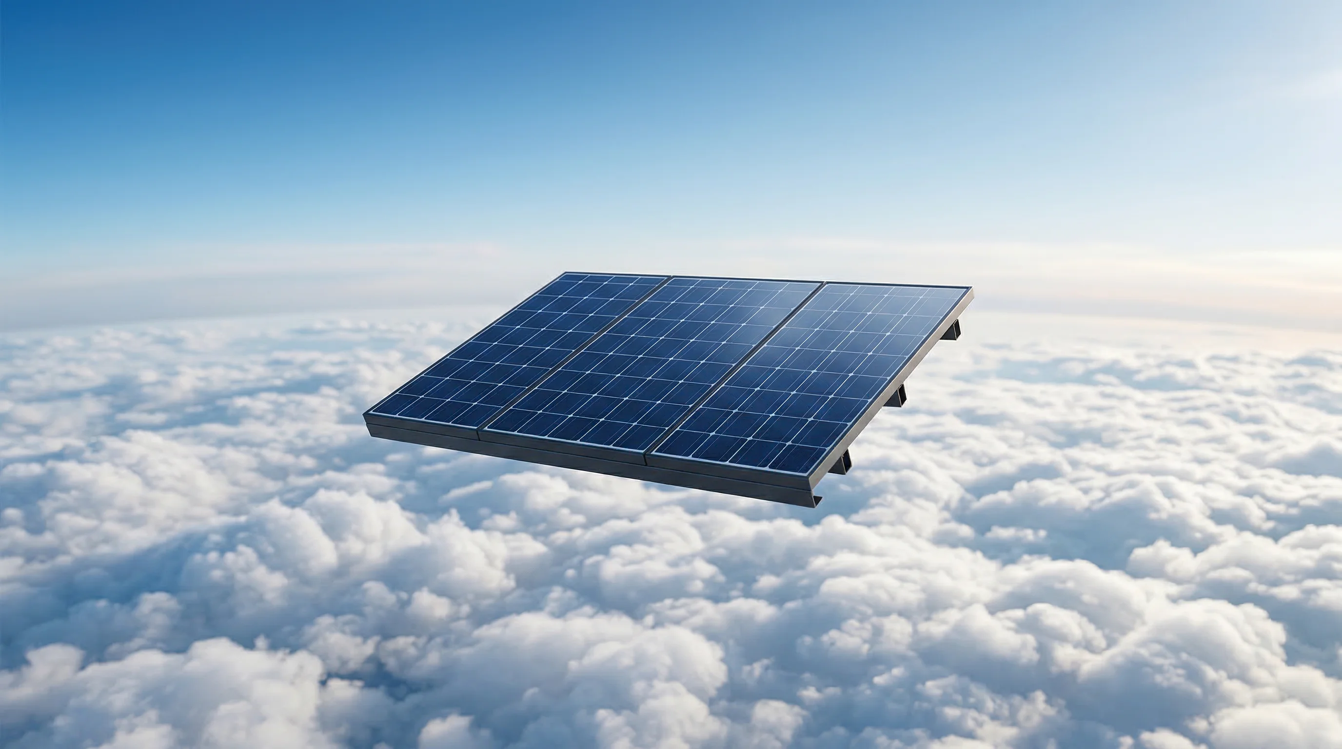 Digital illustration for article section "Silicon's Unexpected Return" in "Space Solar's Inflection Point: Self-Expanding Arrays Race to Power Orbit" - A sleek, minimalist dark-blue silicon solar array floating gently above a sea of fluffy, highly deta...