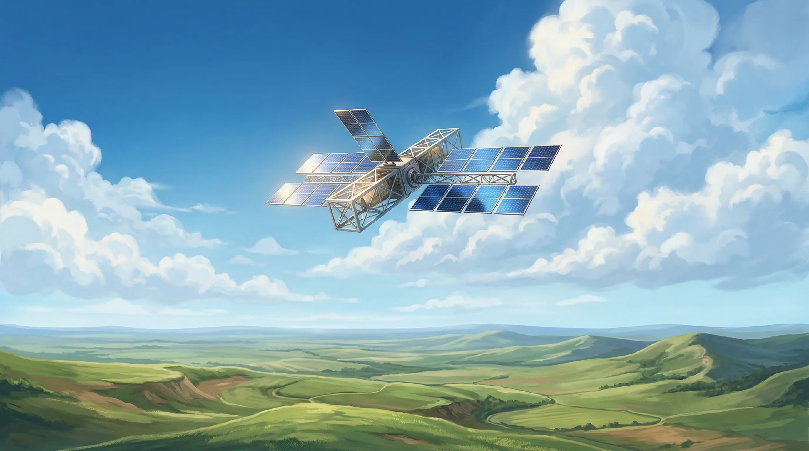 Digital illustration for article section "What Happens Next" in "Space Solar's Inflection Point: Self-Expanding Arrays Race to Power Orbit" - A clean, minimalist composition featuring a sleek, modern space-based solar power satellite gently d...