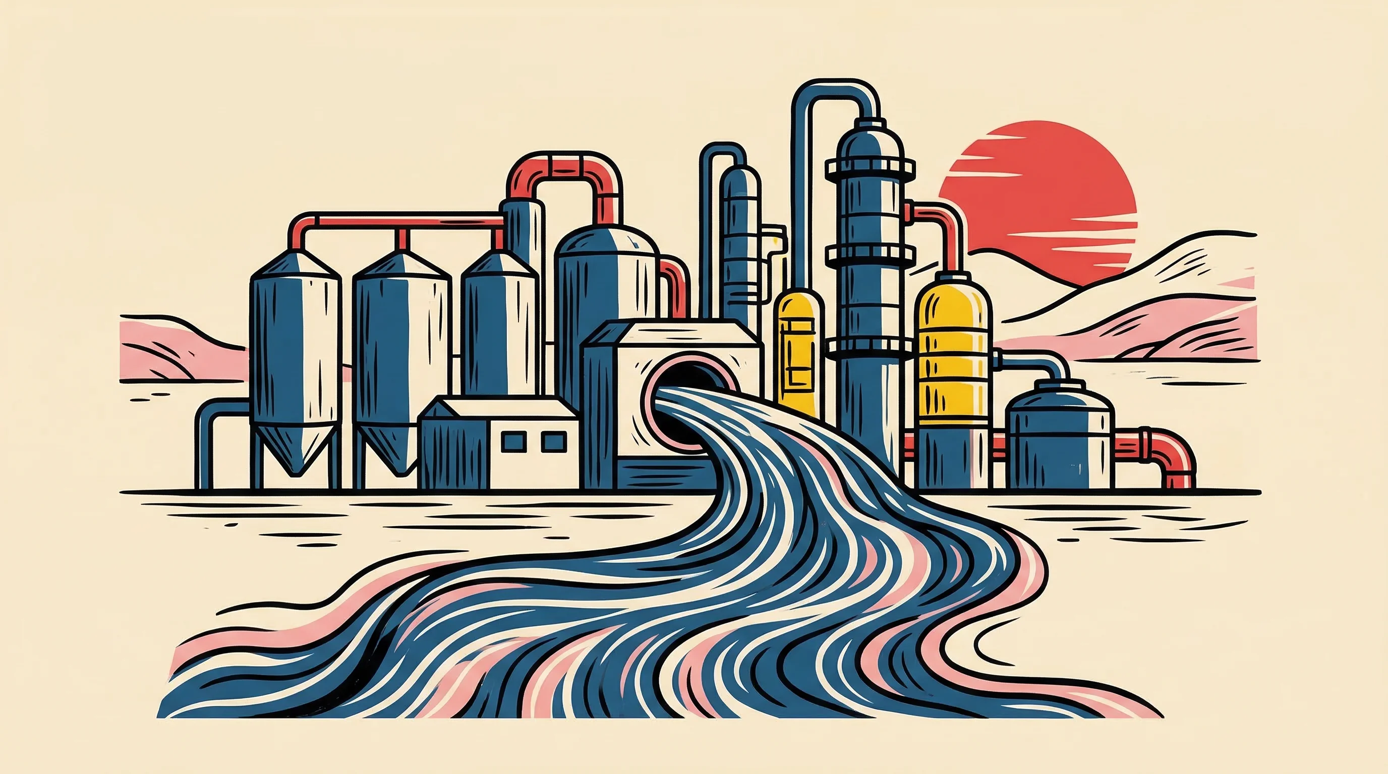 Digital illustration for article section "A Crowded, Early Field" in "PolyCycl's Gen VI Cracker Converts Plastic Waste Without Crude Oil" - A conceptual, minimalist illustration of a modern chemical recycling facility transitioning to comme...