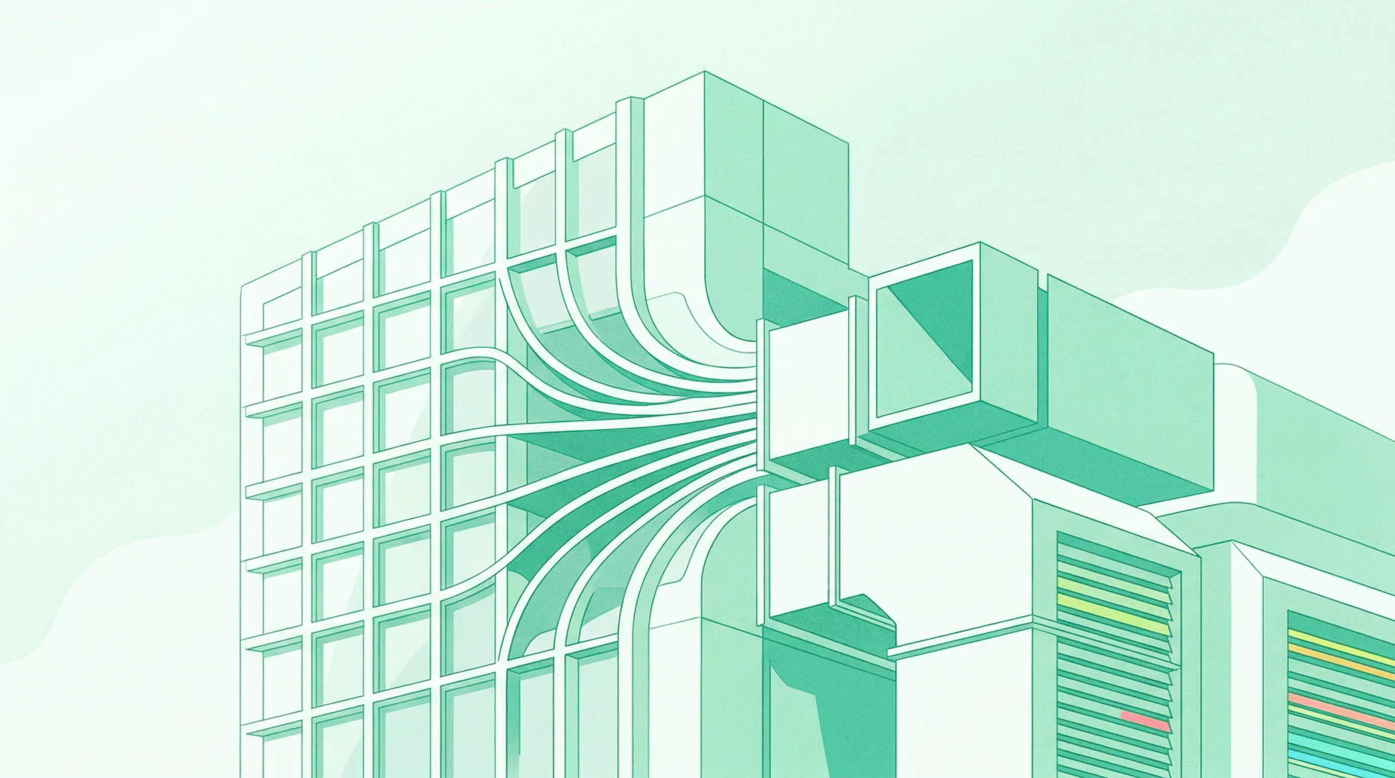 Digital illustration for article section "Where the Grid Meets the Wall" in "YC-Backed Inviscid AI Launches Real-Time Building Energy Platform" - A clean, minimal conceptual illustration representing the intersection of commercial building archit...