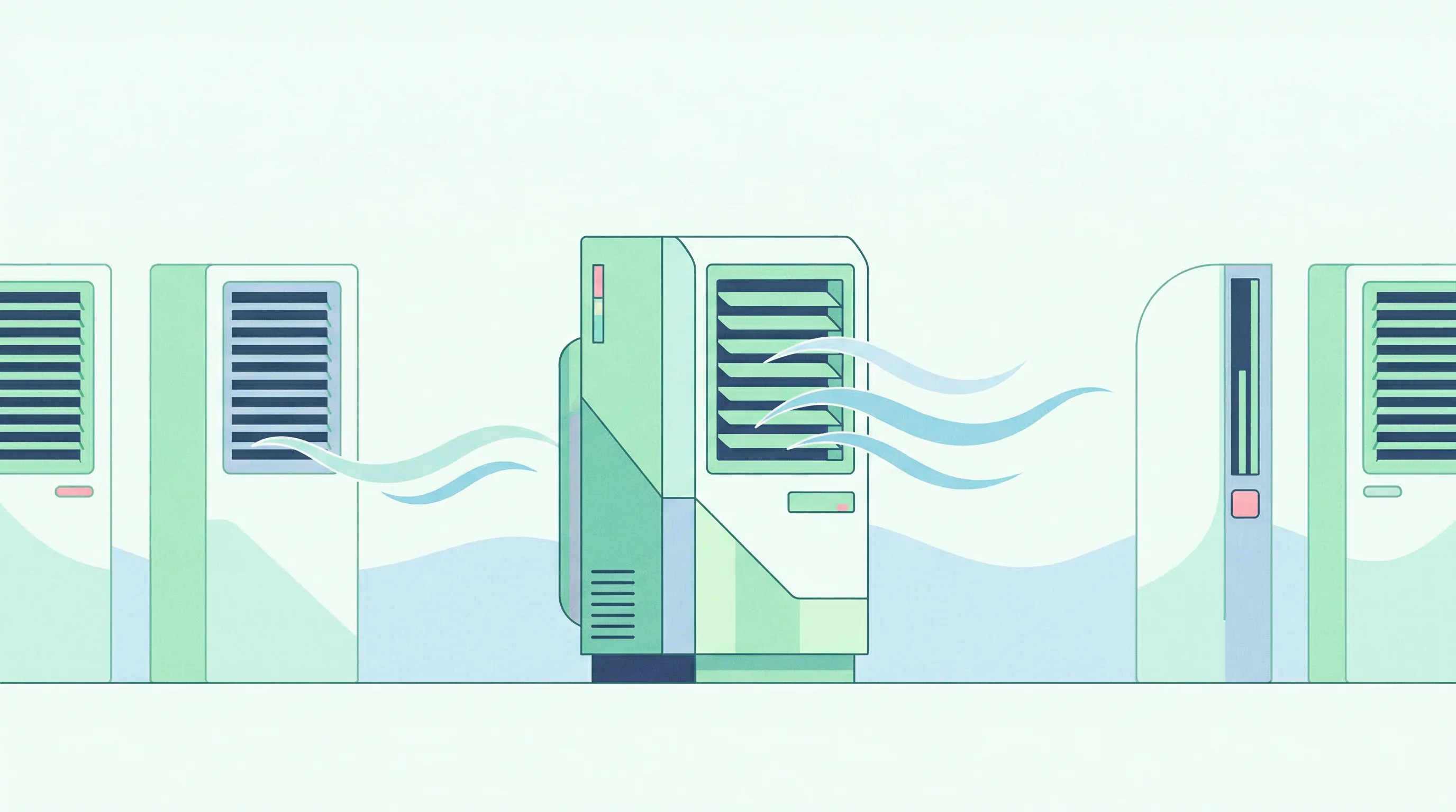Digital illustration for article section "A Market That Doesn't Lack for Competition" in "YC-Backed Inviscid AI Launches Real-Time Building Energy Platform" - A clean, minimal conceptual illustration representing the highly competitive market of HVAC software...
