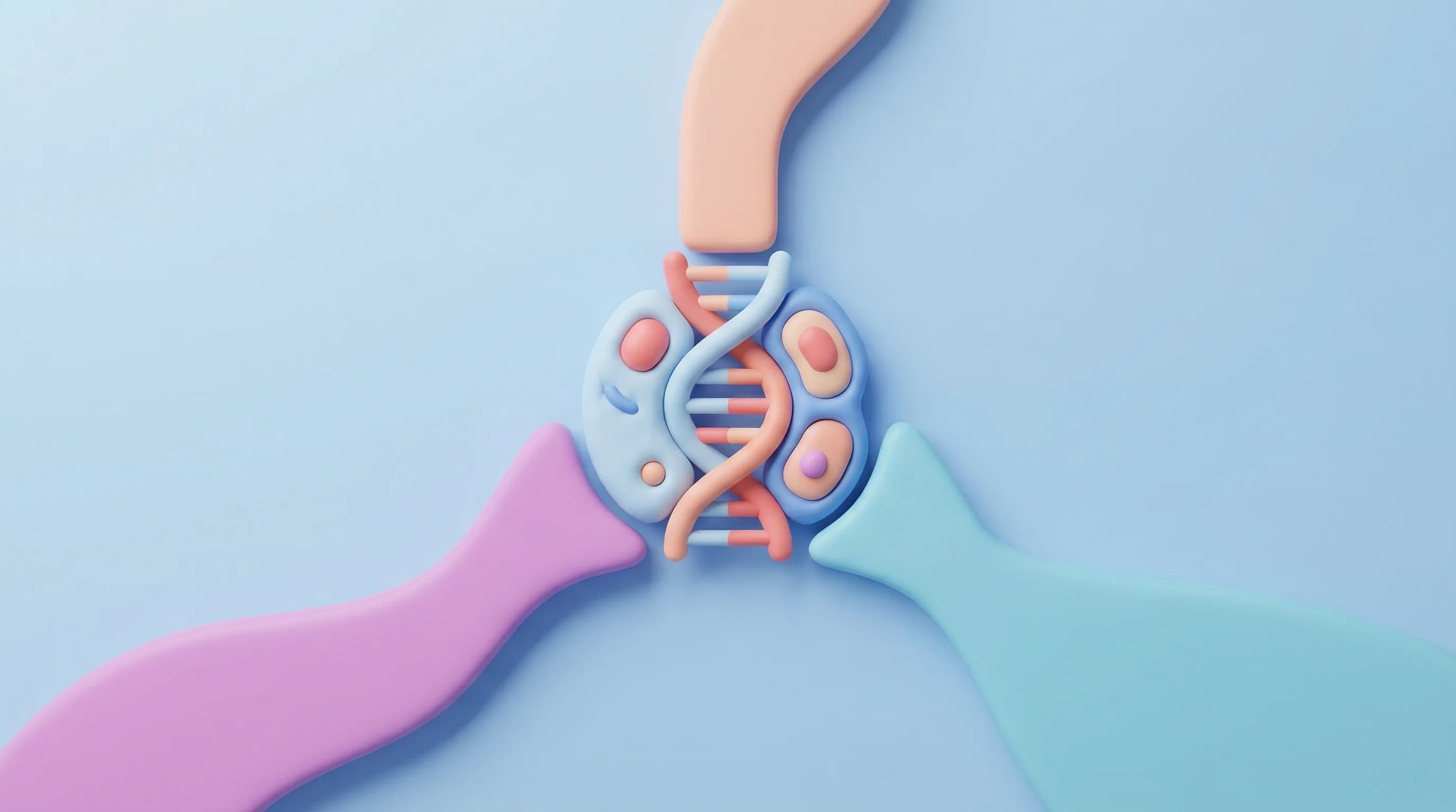 Digital illustration for article section "Three Forces Converging" in "AI-Designed DNA Sequences Tackle Gene Therapy Safety Crisis" - A conceptual and minimalist 3D illustration visualizing the convergence of three distinct forces—rep...
