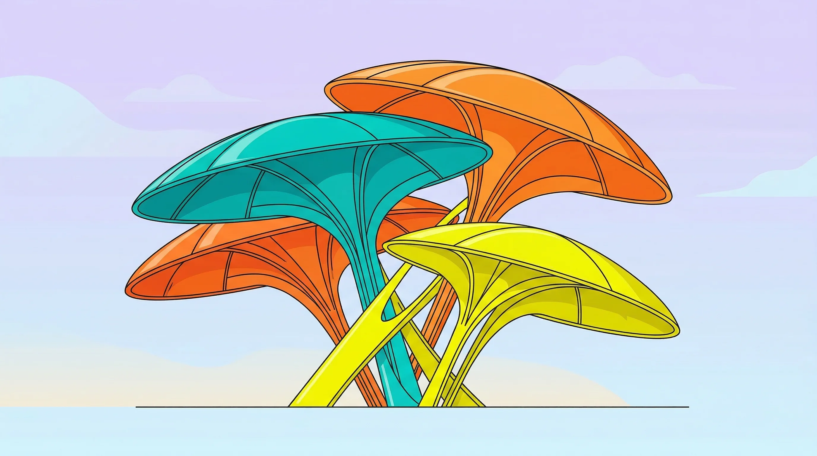 Digital illustration for article section "A Suddenly Crowded Space" in "YC's Panta Launches AI Agents to Automate Commercial Insurance Brokerage" - A conceptual, retro-futuristic illustration of three sleek, brightly colored protective canopies rap...