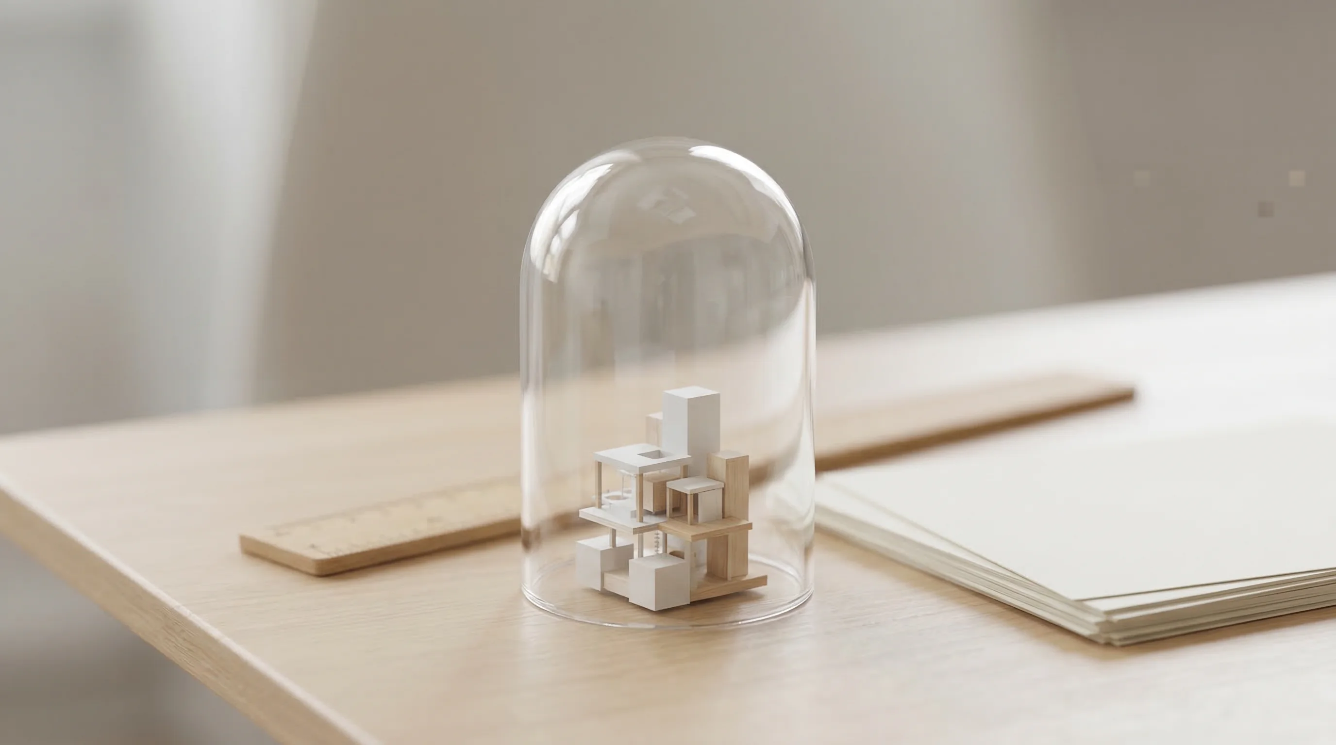 Digital illustration for article section "Building in a Standards Vacuum" in "AgentMail Raises $6M for AI Agent Email Infrastructure" - A conceptual macro photograph capturing a sleek, modern, tiny geometric architectural model being co...