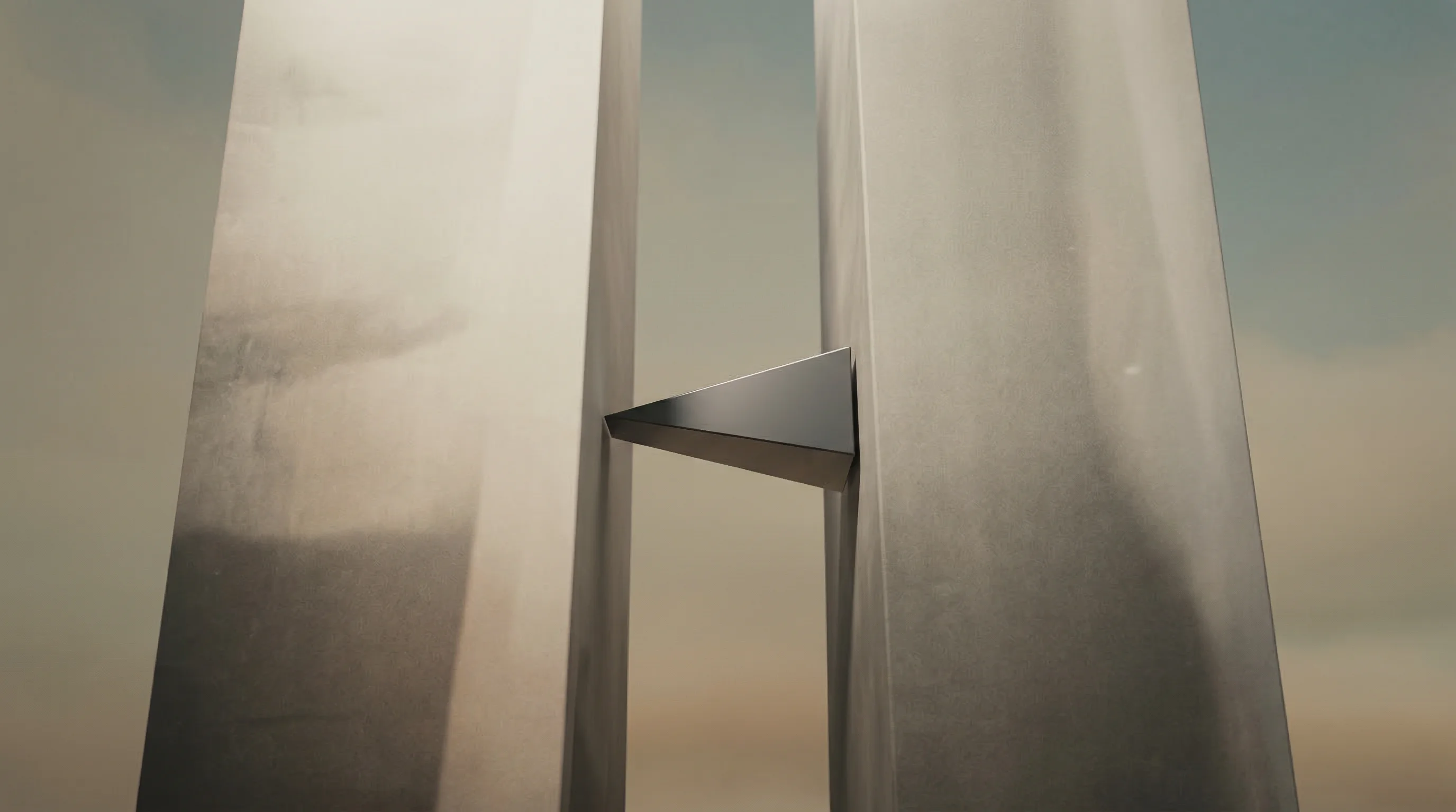 Digital illustration for article section "The Bet" in "Ex-Apple Engineers Launch Platform to Bypass App Store Fees" - A conceptual and minimal composition showing a sleek, perfectly balanced geometric wedge suspended g...