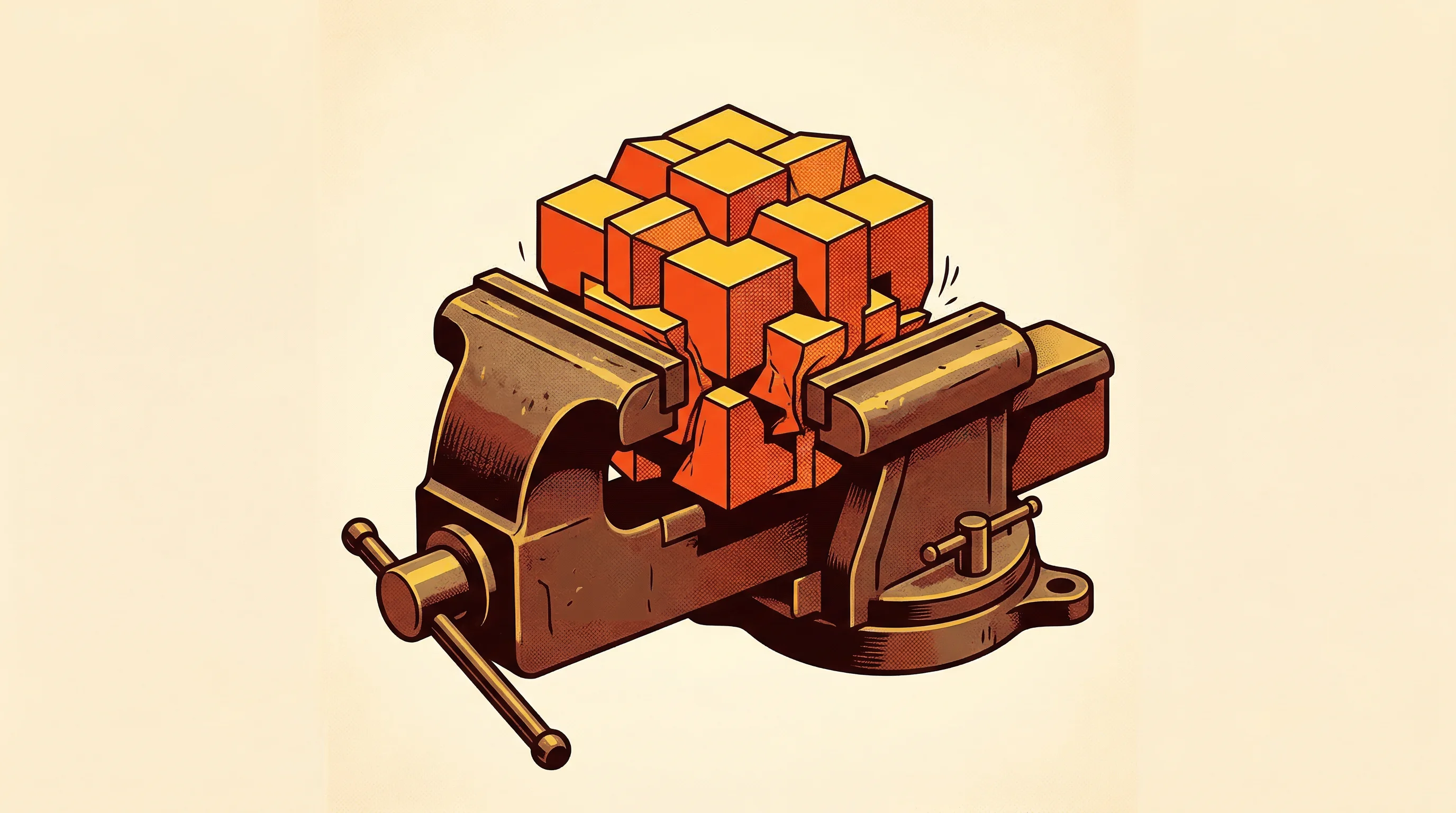 Digital illustration for article section "Evolution Under Pressure" in "How a YC Nonprofit Became the Standard for Measuring AI Intelligence" - A conceptual illustration of a solid, complex geometric puzzle block representing a standardized ben...