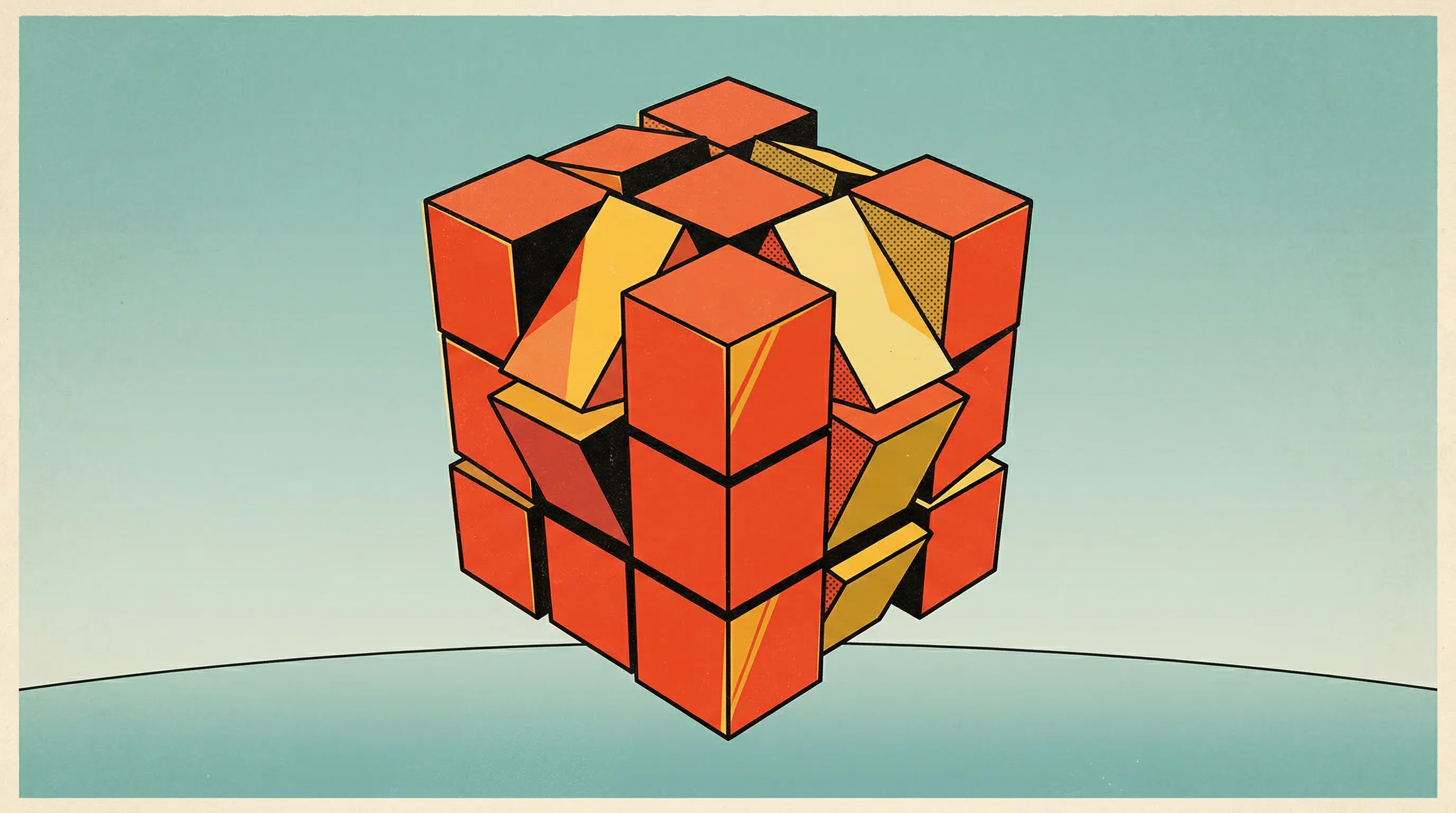 Digital illustration for article section "What Comes Next" in "How a YC Nonprofit Became the Standard for Measuring AI Intelligence" - A clean and minimal conceptual illustration of a single, large geometric puzzle cube actively shifti...