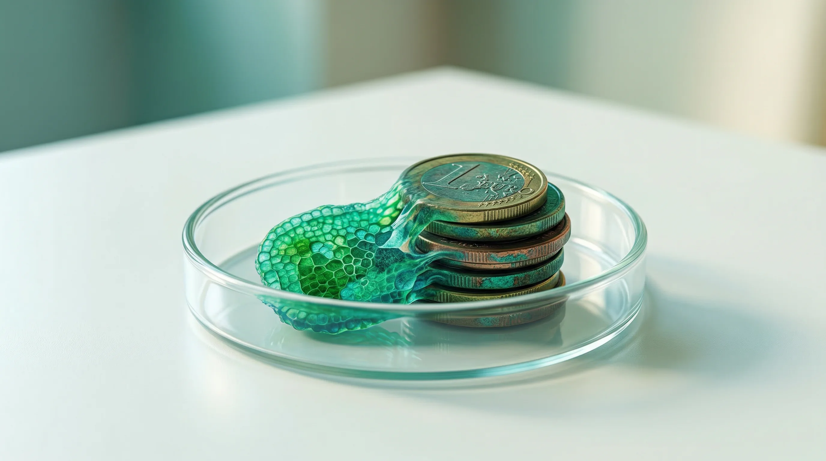 Digital illustration for article section "What Happens When Biology Meets Economics" in "Why Lab-Grown Meat Companies Are Failing Despite Billions Invested" - A conceptual, surrealistic photograph blending biology and economics, featuring a single, pristine g...