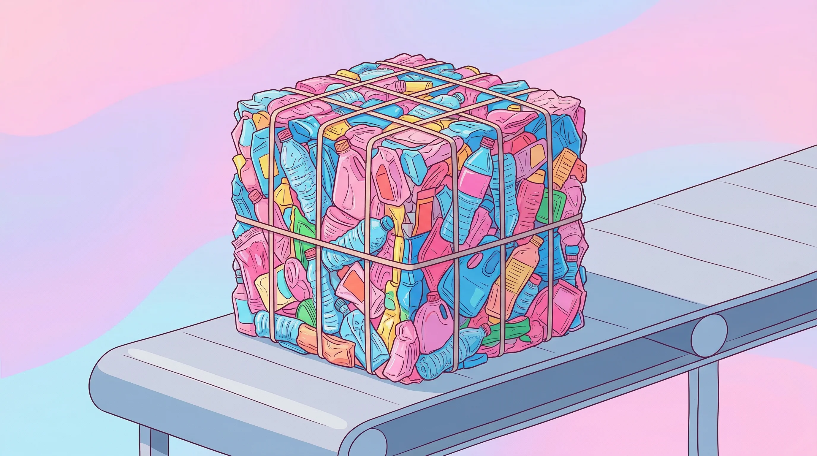 Digital illustration for article section "The Unglamorous Middle" in "PolyCycl Raises $2.86M to Scale Chemical Recycling Tech in India" - A solitary, massive, perfectly cubic bale of crushed and sorted plastic waste sitting on a minimalis...
