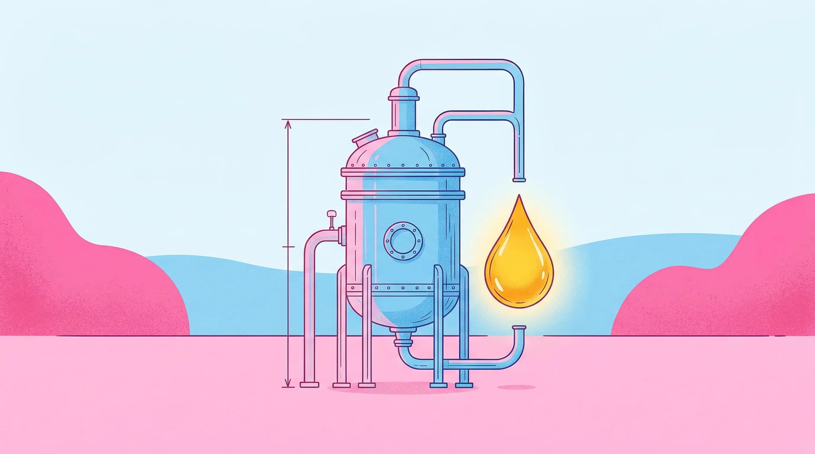 Digital illustration for article section "Blueprint or Footnote?" in "PolyCycl Raises $2.86M to Scale Chemical Recycling Tech in India" - A conceptual, minimalist illustration of a delicate, stylized blueprint of an industrial reactor tra...