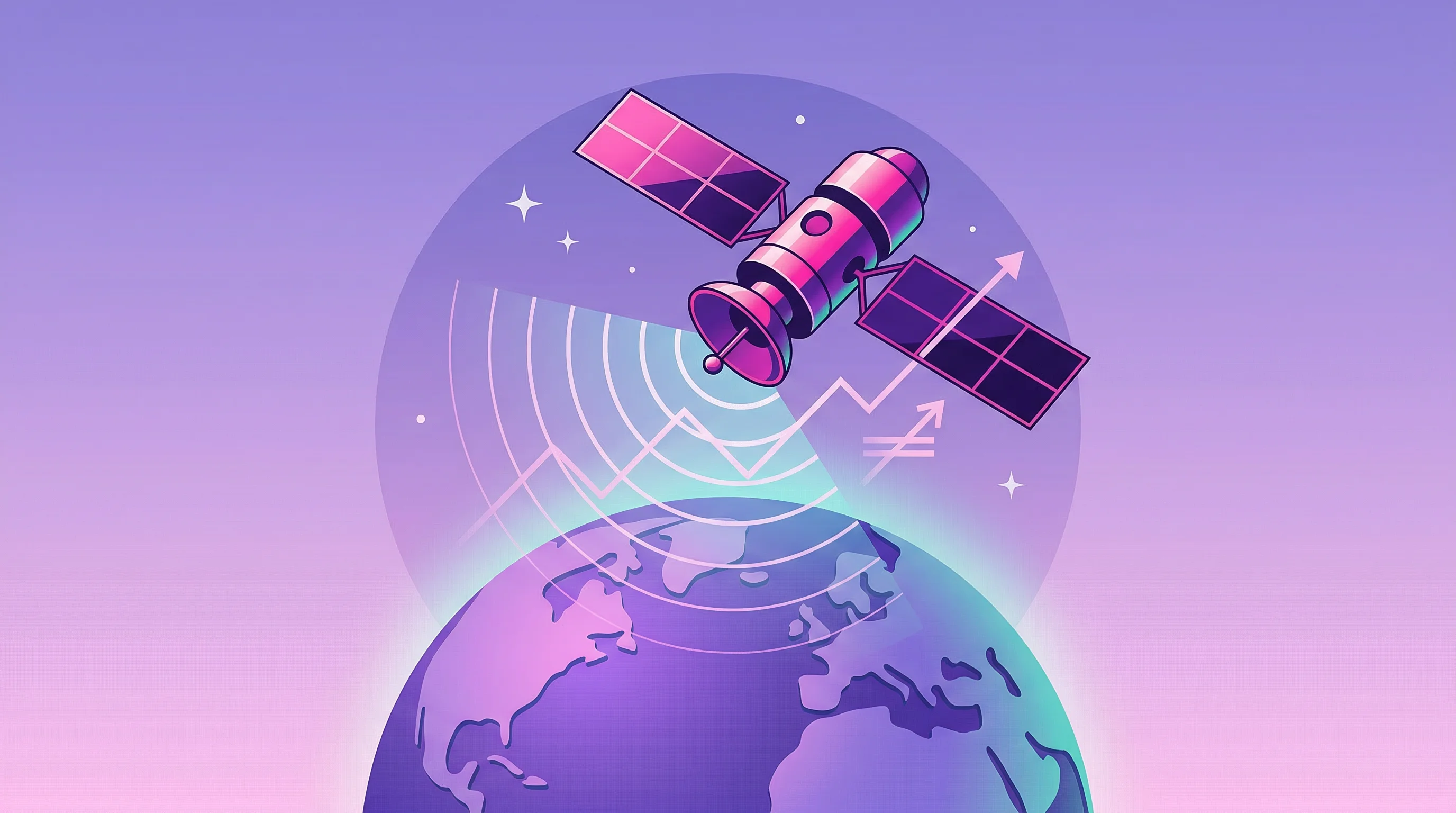 Digital illustration for article section "The Money Starts Moving" in "How AI Foundation Models Are Enabling 24/7 Earth Observation" - A sleek, minimalist retro-futuristic satellite orbiting above a stylized, smooth globe, emitting cle...