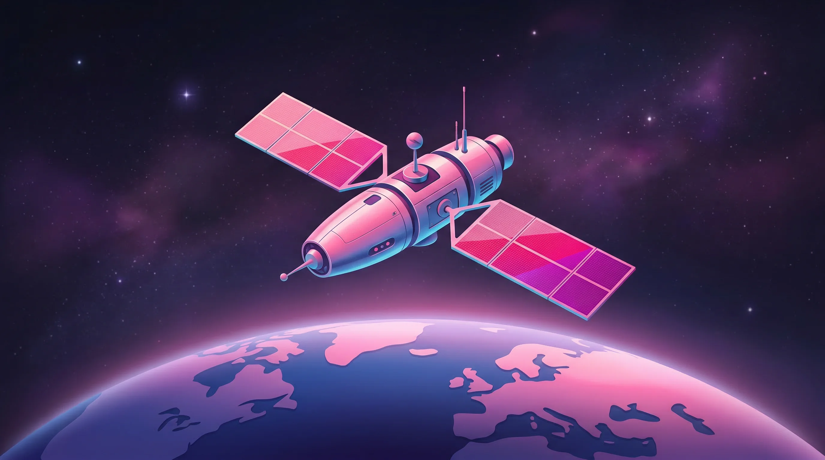 Digital illustration for article section "The Edge Accelerates" in "How AI Foundation Models Are Enabling 24/7 Earth Observation" - A clean, minimalist conceptual image of a sleek, modern satellite orbiting high above a smooth, abst...