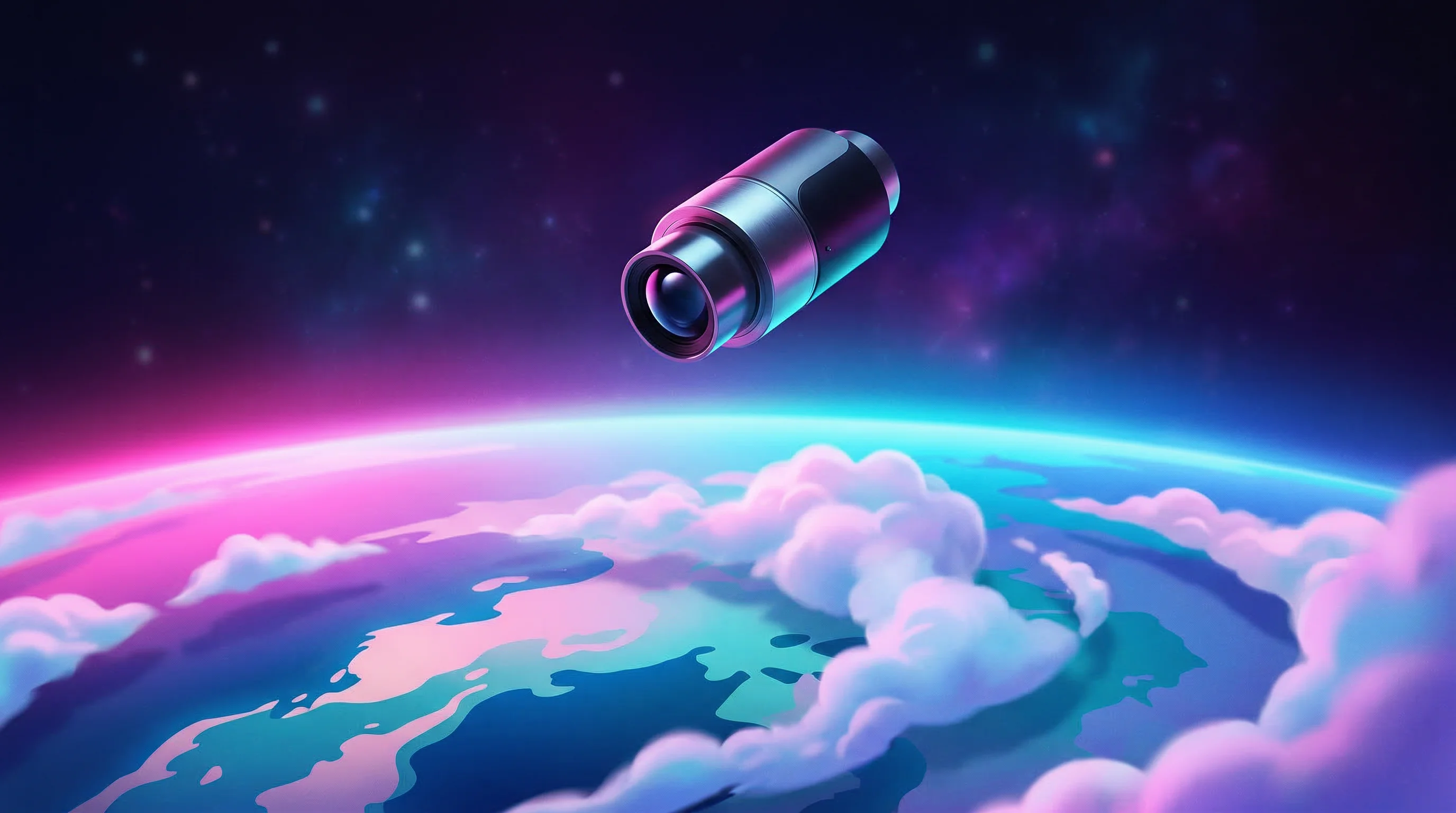 Digital illustration for article section "The Clouds Remain" in "How AI Foundation Models Are Enabling 24/7 Earth Observation" - A sleek, minimalist orbital observation satellite hovering silently above Earth, representing the in...