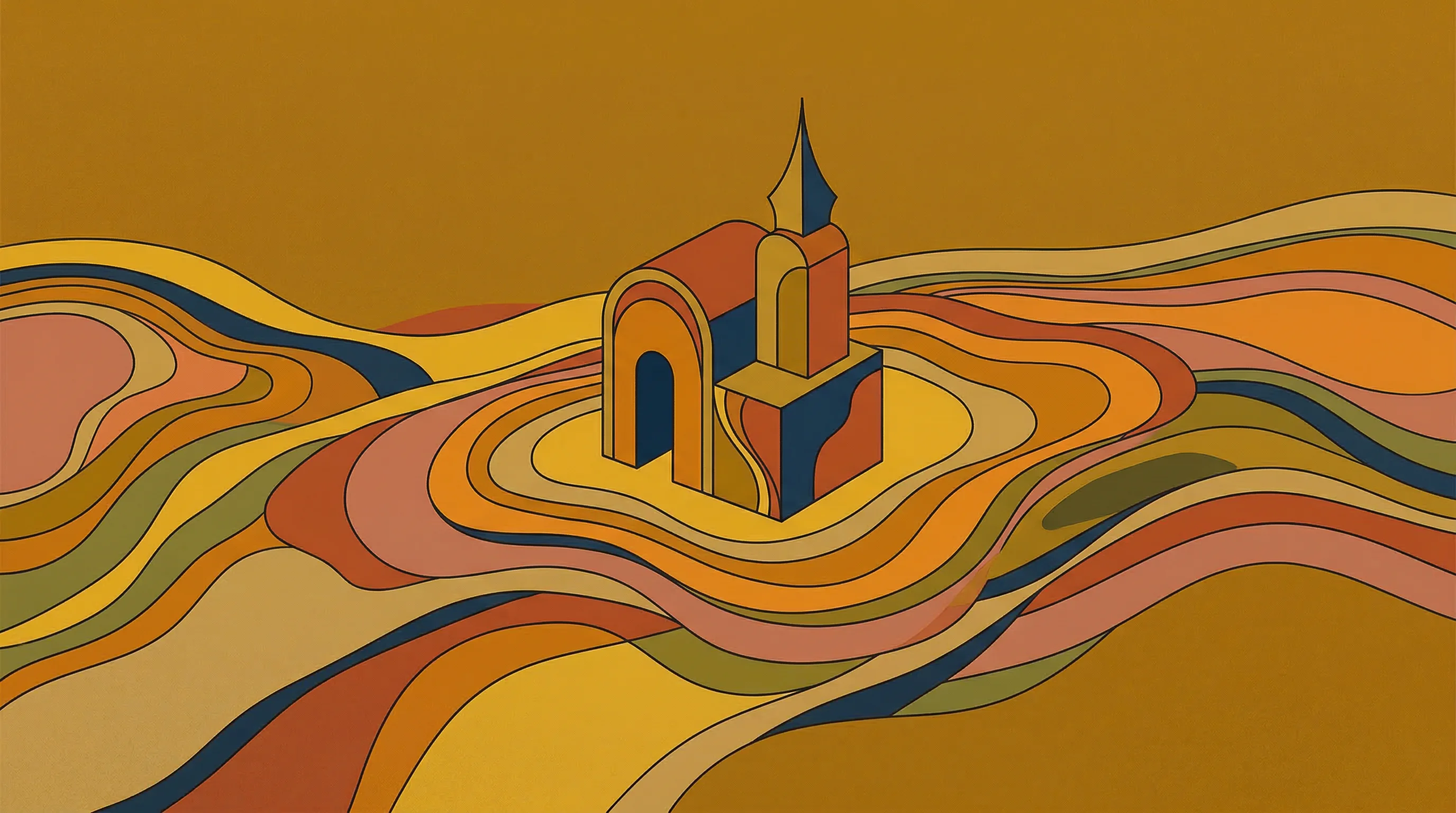 Digital illustration for article section "Crowded Territory" in "Spine Swarm Launches Visual Canvas for AI Agent Collaboration" - A conceptual and minimal illustration representing a shifting landscape and crowded territory, featu...