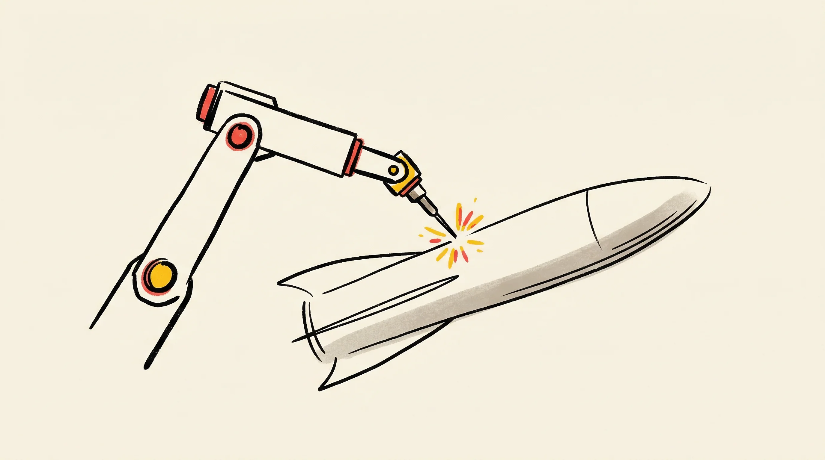 Digital illustration for article section "The Broader Play in Defense Manufacturing" in "Isembard Lands $50M Series A to Build 25 AI-Powered Factories" - A clean, minimalist conceptual illustration of automated precision manufacturing for aerospace and d...