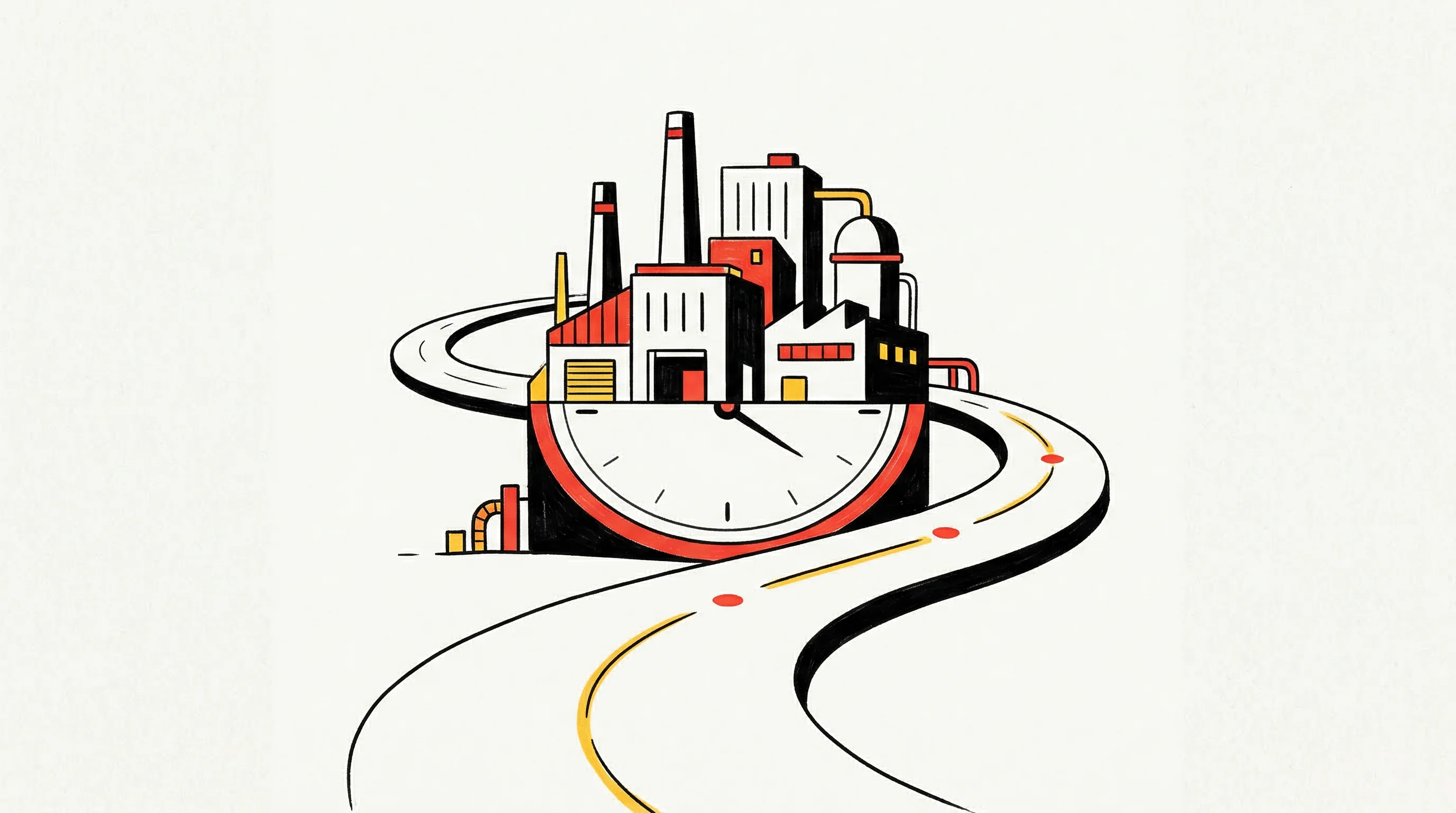 Digital illustration for article section "What Comes Next" in "Isembard Lands $50M Series A to Build 25 AI-Powered Factories" - A conceptual and minimalist hand-drawn illustration representing the ambitious timeline of rapid man...