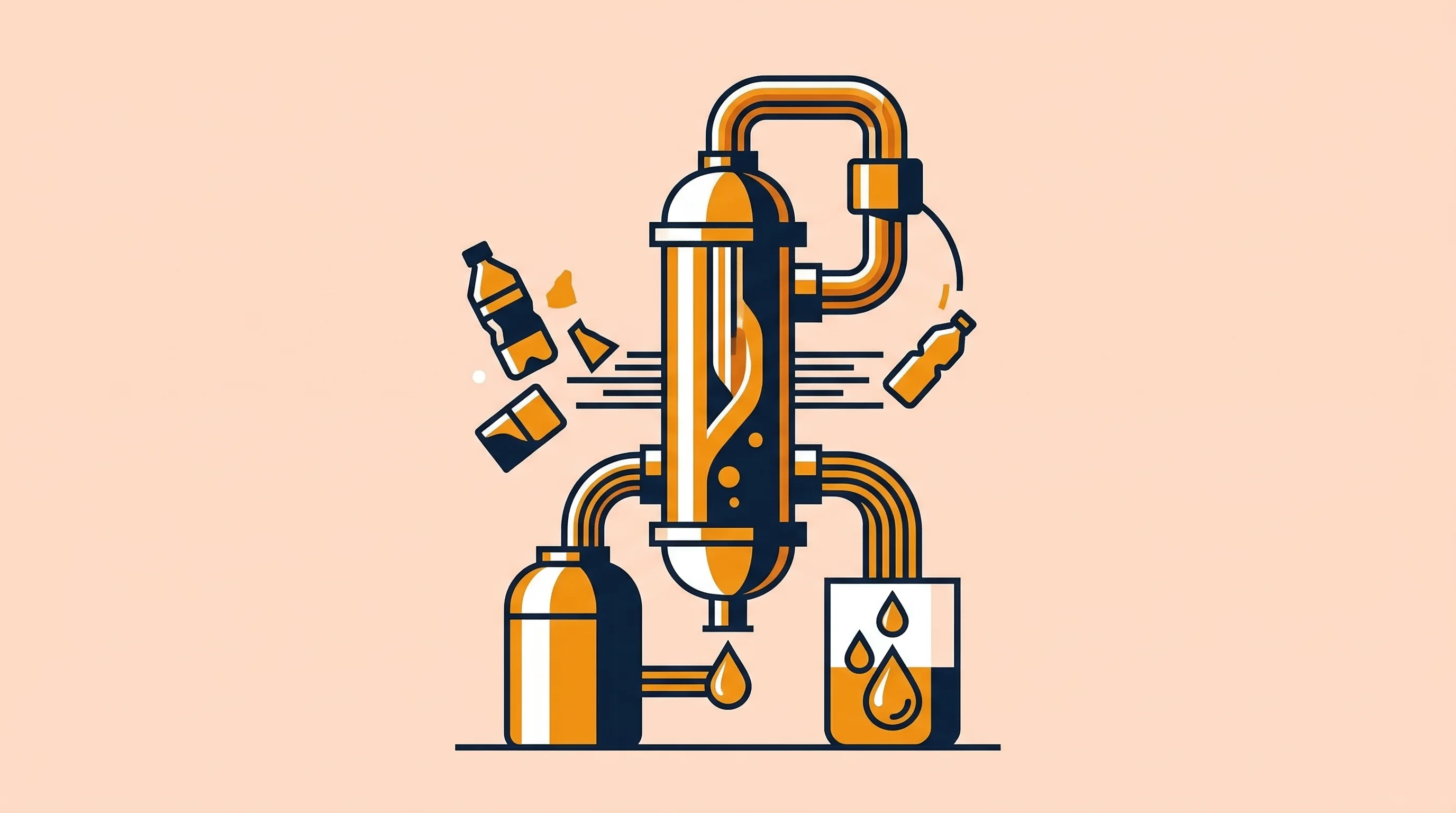 Digital illustration for article section "What's under the hood" in "PolyCycl Raises Series A to Scale Plastic-to-Oil Tech Across India" - A clean, minimal, and conceptual illustration of a continuous plastic-to-fuel conversion system, foc...