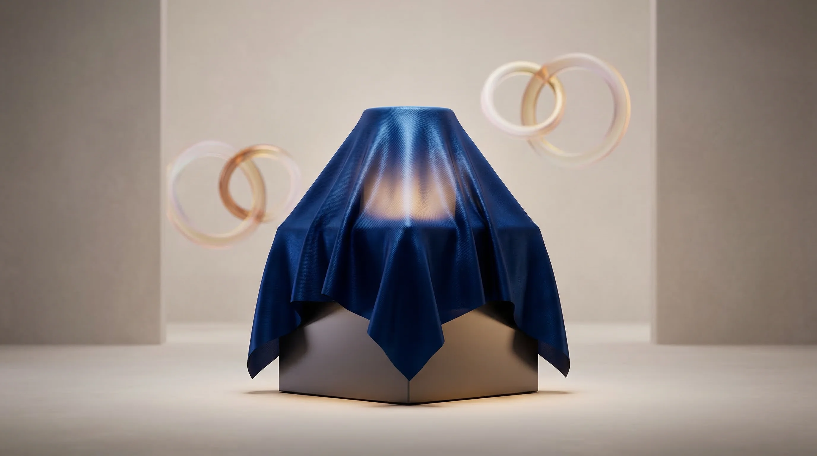 Digital illustration for article section "What Happens Next" in "YouTube Co-Founder's Next Act: Inside Stealth AI Startup EyeTell" - A pristine, modern exhibition pedestal stands in the center of a softly lit, minimalist room, draped...