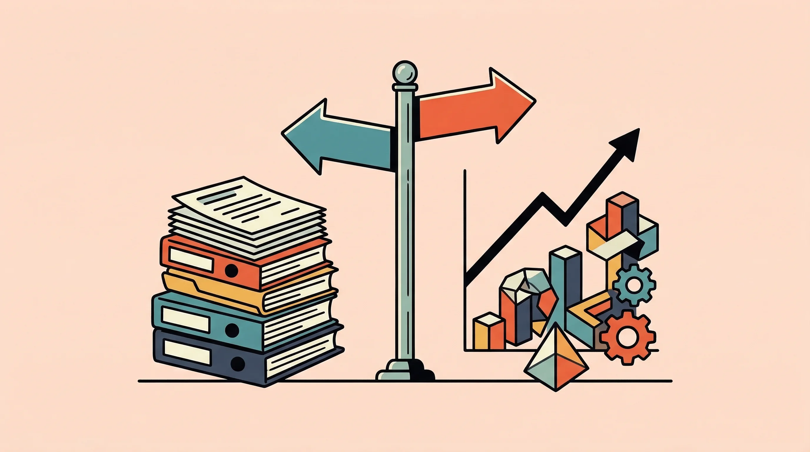Digital illustration for article section "Path Forward" in "Syntra Raises $10M Seed to Automate Medical Billing with AI" - A clean, minimalist flat illustration of a stylized crossroads with a central vintage signpost, visu...