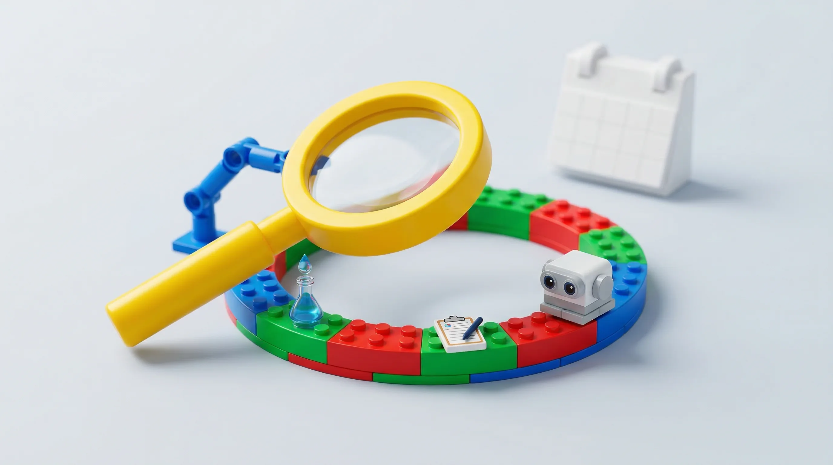 Digital illustration for article section "What the Next Twelve Months Look Like" in "AI Co-Scientists Are Automating Research End-to-End. Can They Be Trusted?" - A pristine macro-photography shot of a miniature plastic toy scene conceptualizing the evolution of ...