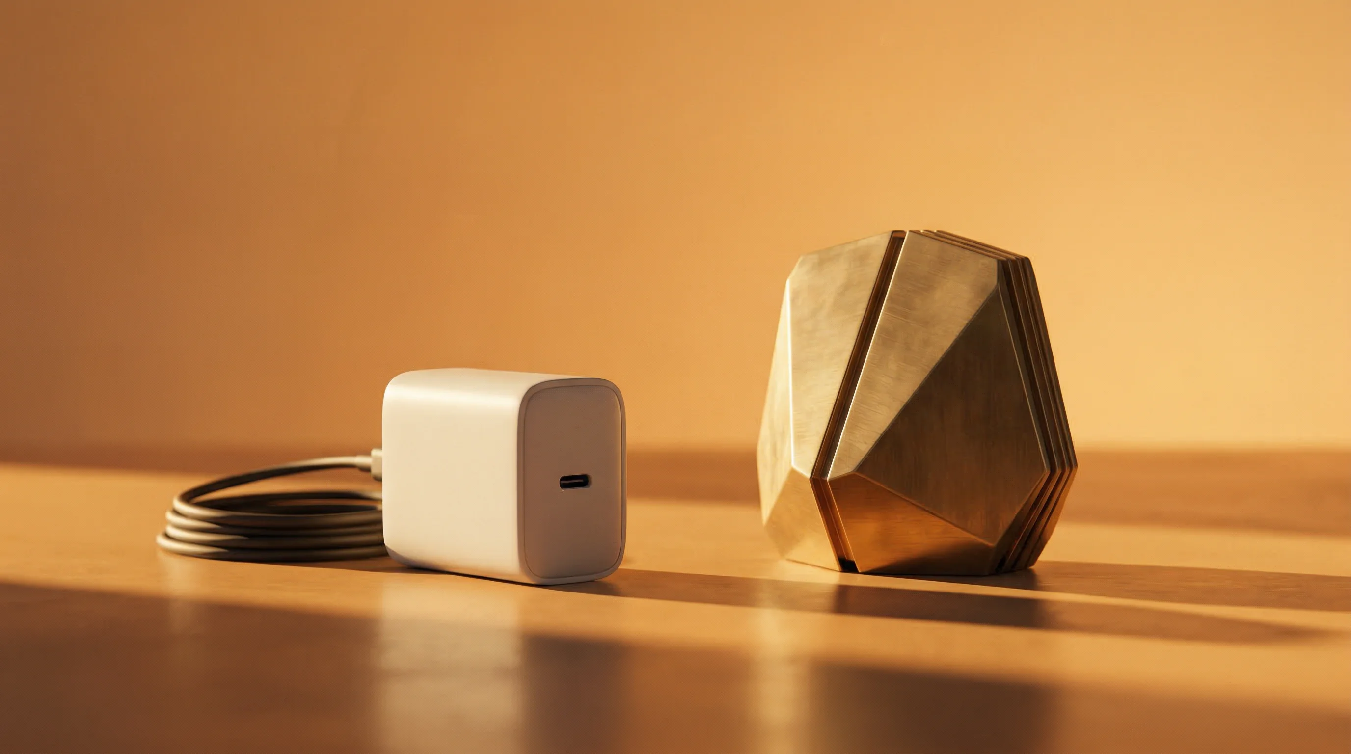 Digital illustration for article section "Why Gallium Nitride, Why Now" in "India's First GaN Chip Startup Raises $3.5M for 5G, EV Tech" - A minimalist, conceptual still life featuring a sleek, modern fast-charging power adapter resting el...