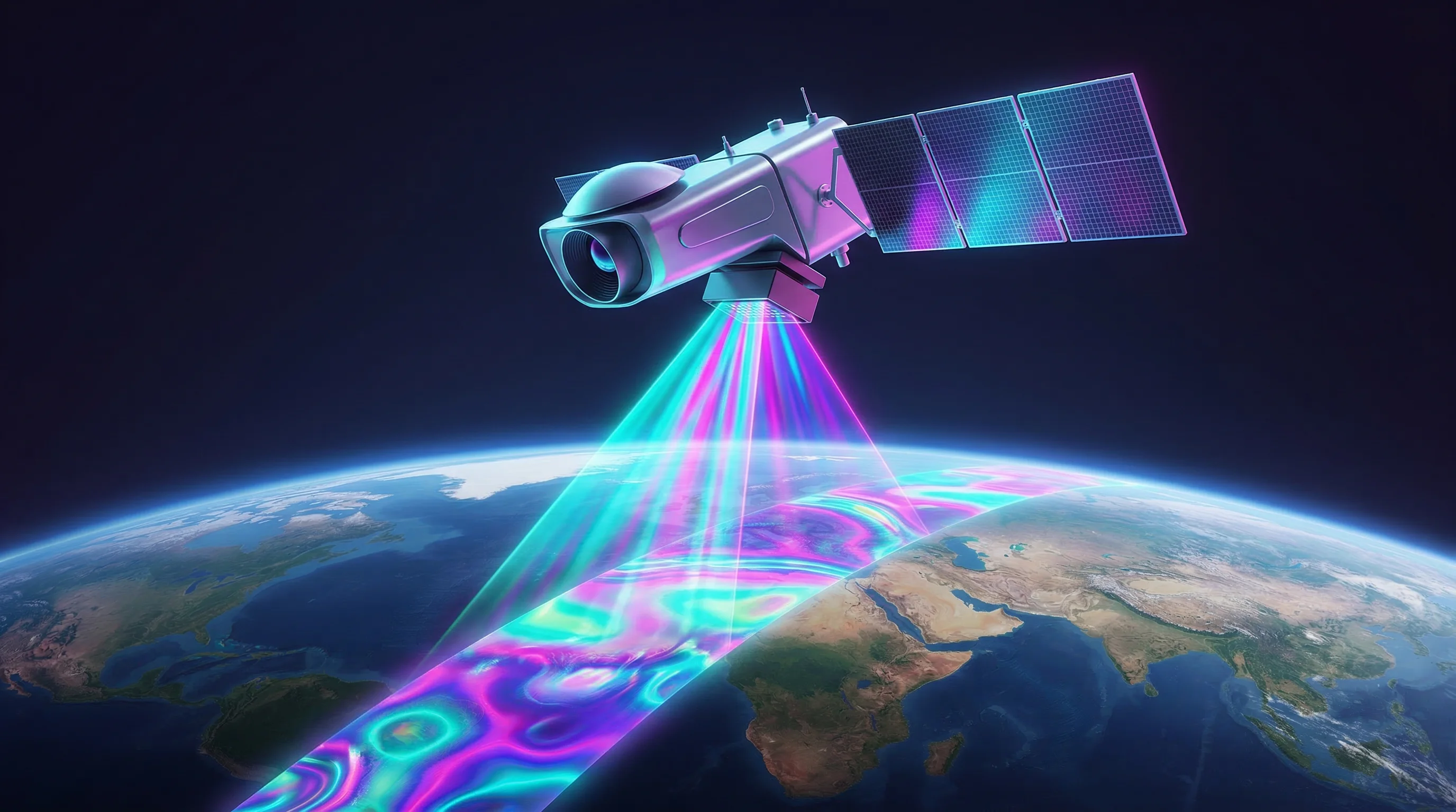 Digital illustration for article section "The Satellite: A Technical Gamble With High Stakes" in "AIRMO Secures €5M Seed to Launch Methane-Tracking Satellites" - A sleek, modern greenhouse-gas monitoring satellite orbiting 500 kilometers above the Earth, serving...