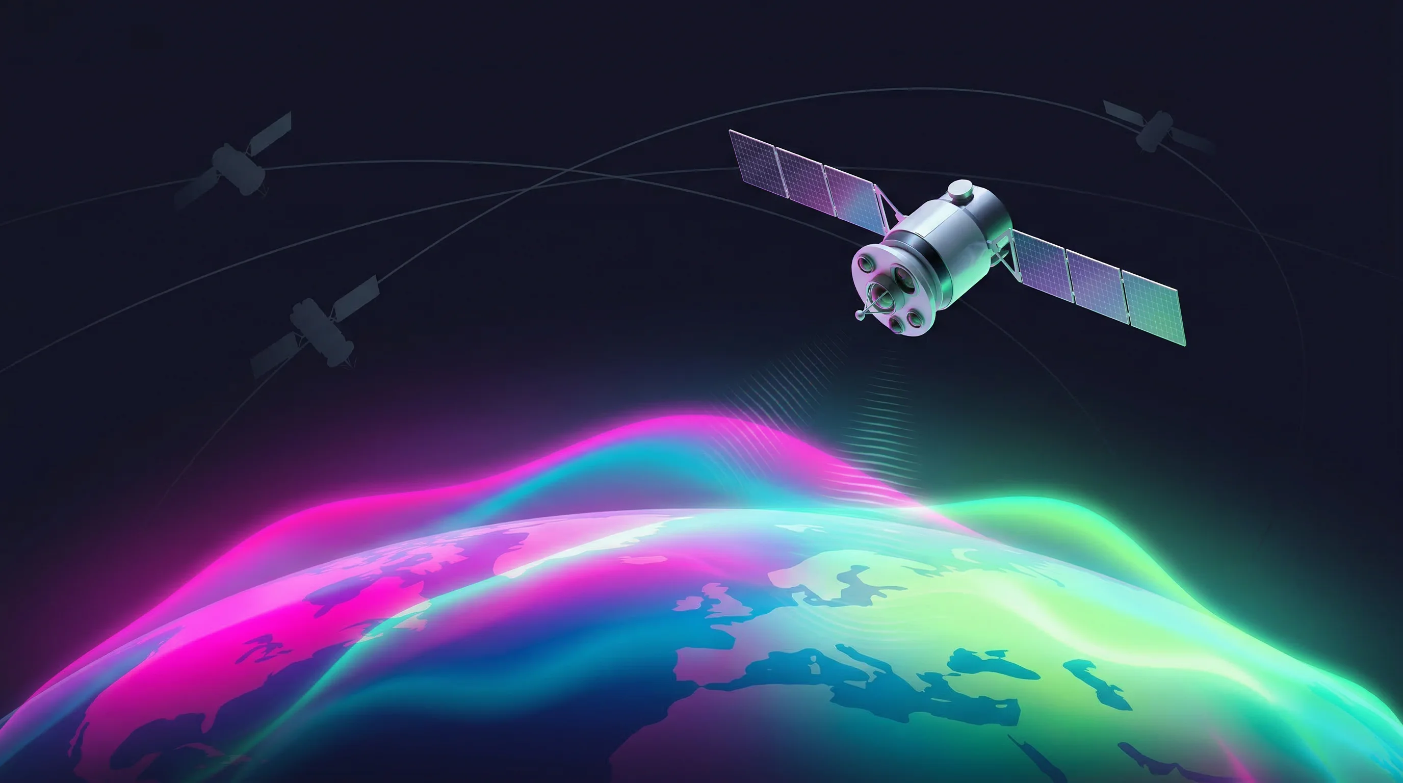 Digital illustration for article section "A Crowded Sky, and a High Bar" in "AIRMO Secures €5M Seed to Launch Methane-Tracking Satellites" - A sleek, modern satellite orbiting high above a minimalist Earth, representing a crowded sky of emis...