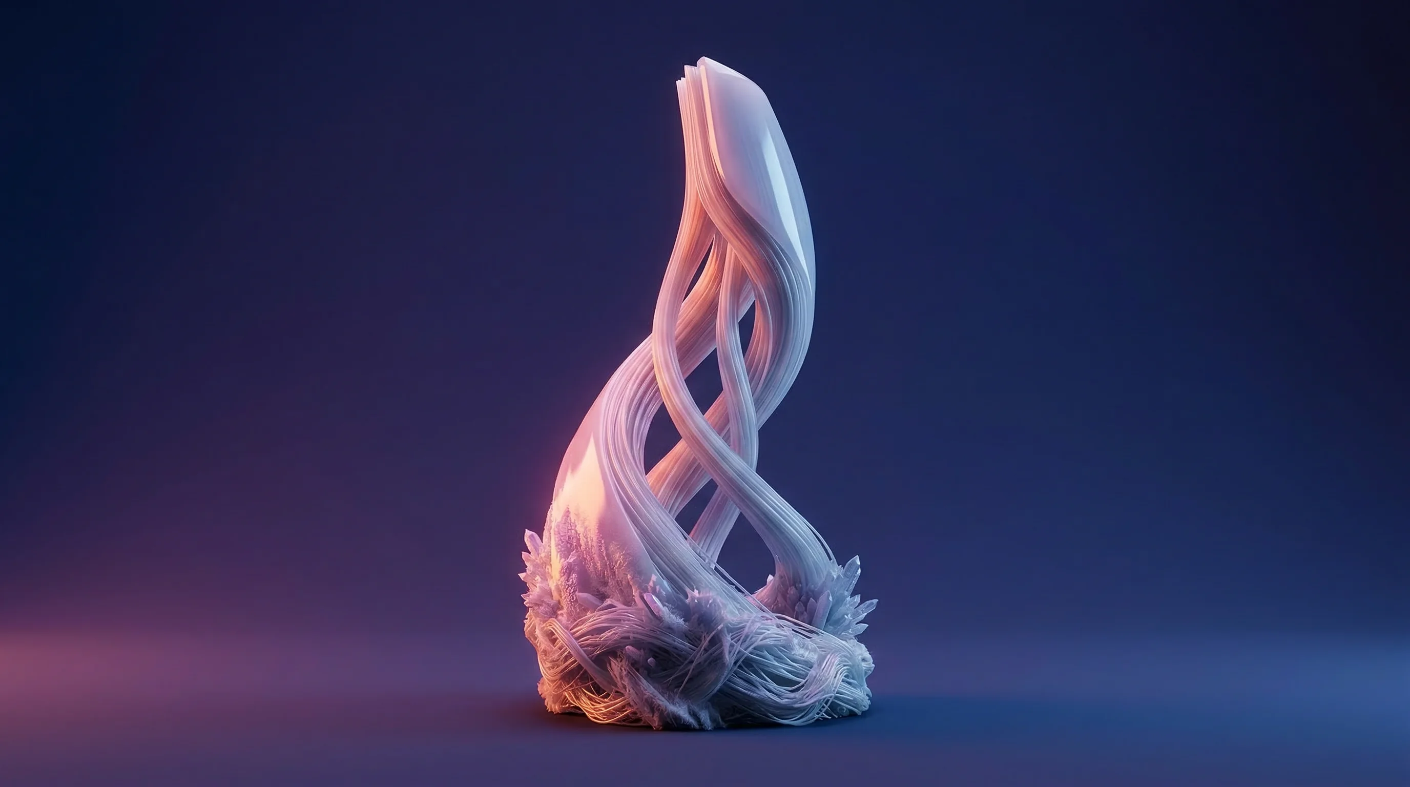 Digital illustration for article section "From Dissertation to Deployment" in "Austrian Startup Raises €3M for Dragonfly-Inspired Fiber Tech" - A clean, minimalist 3D conceptual rendering of an abstract bionic structure formed by continuous, fl...