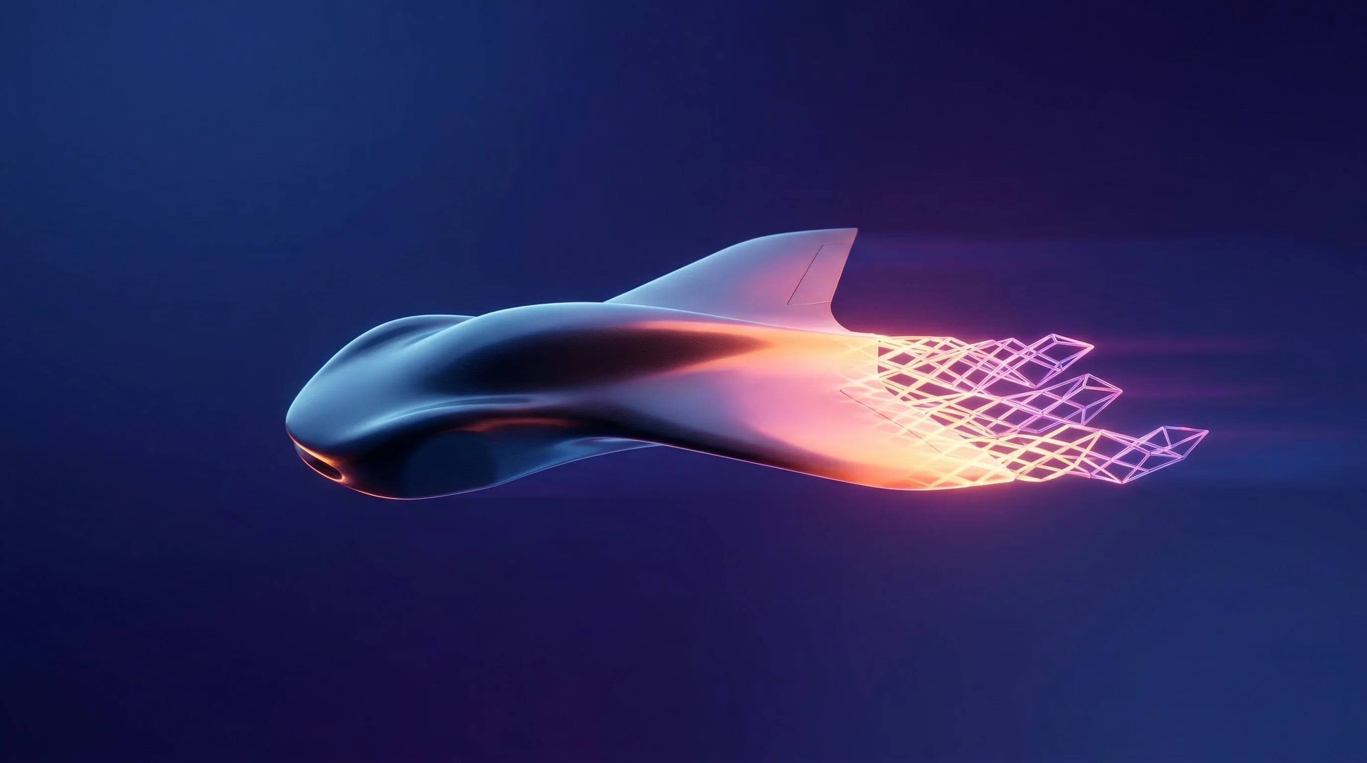 Digital illustration for article section "What Comes Next" in "Austrian Startup Raises €3M for Dragonfly-Inspired Fiber Tech" - A sleek, abstract aerodynamic composite structure, resembling a minimalist fusion of an aerospace wi...