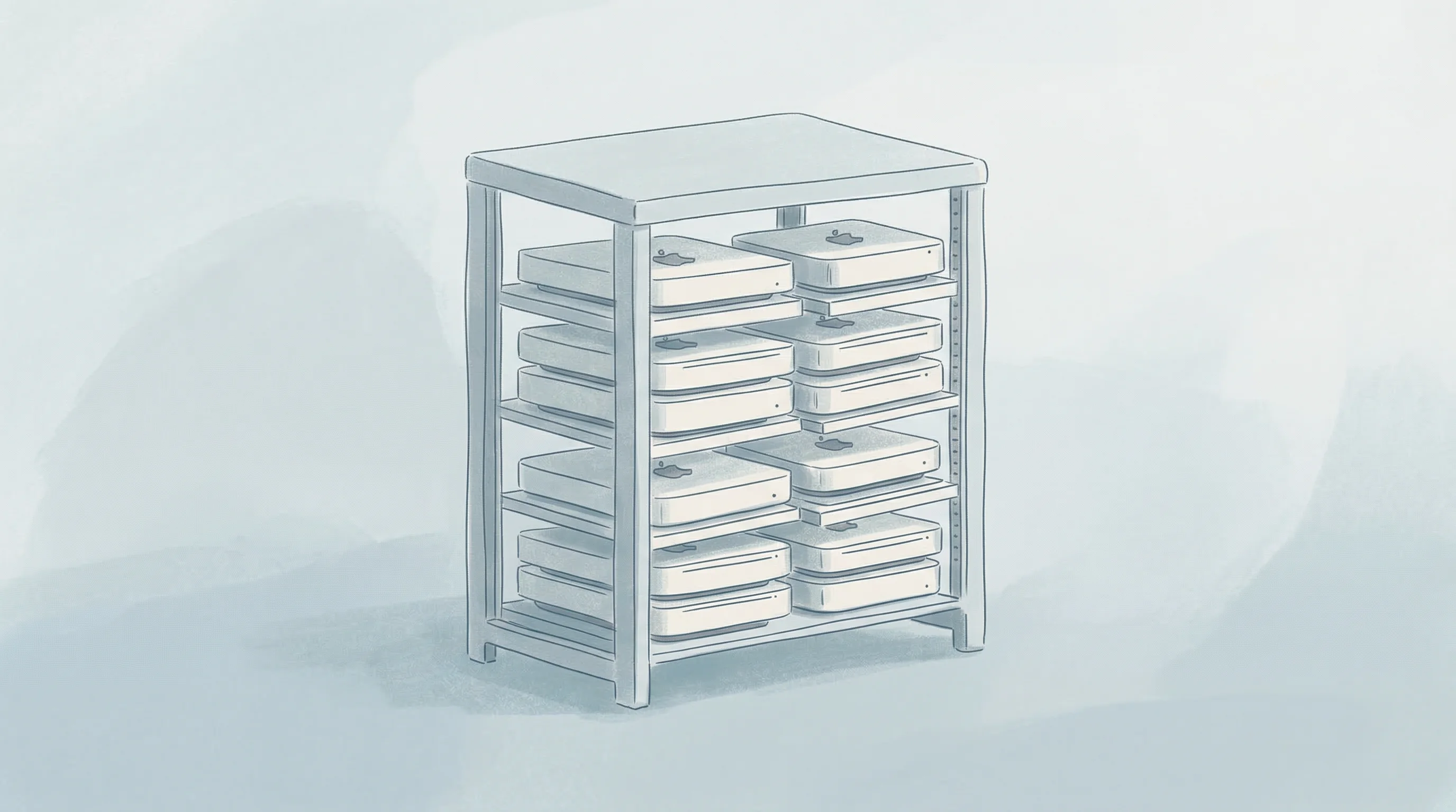 Digital illustration for article section "Mac Minis and the Philosophy of "Just Use What Exists"" in "Panta Launches AI Agent Brokerage to Automate Commercial Insurance" - A clean, minimalist composition featuring a simple, unassuming server rack neatly stacked with flat,...