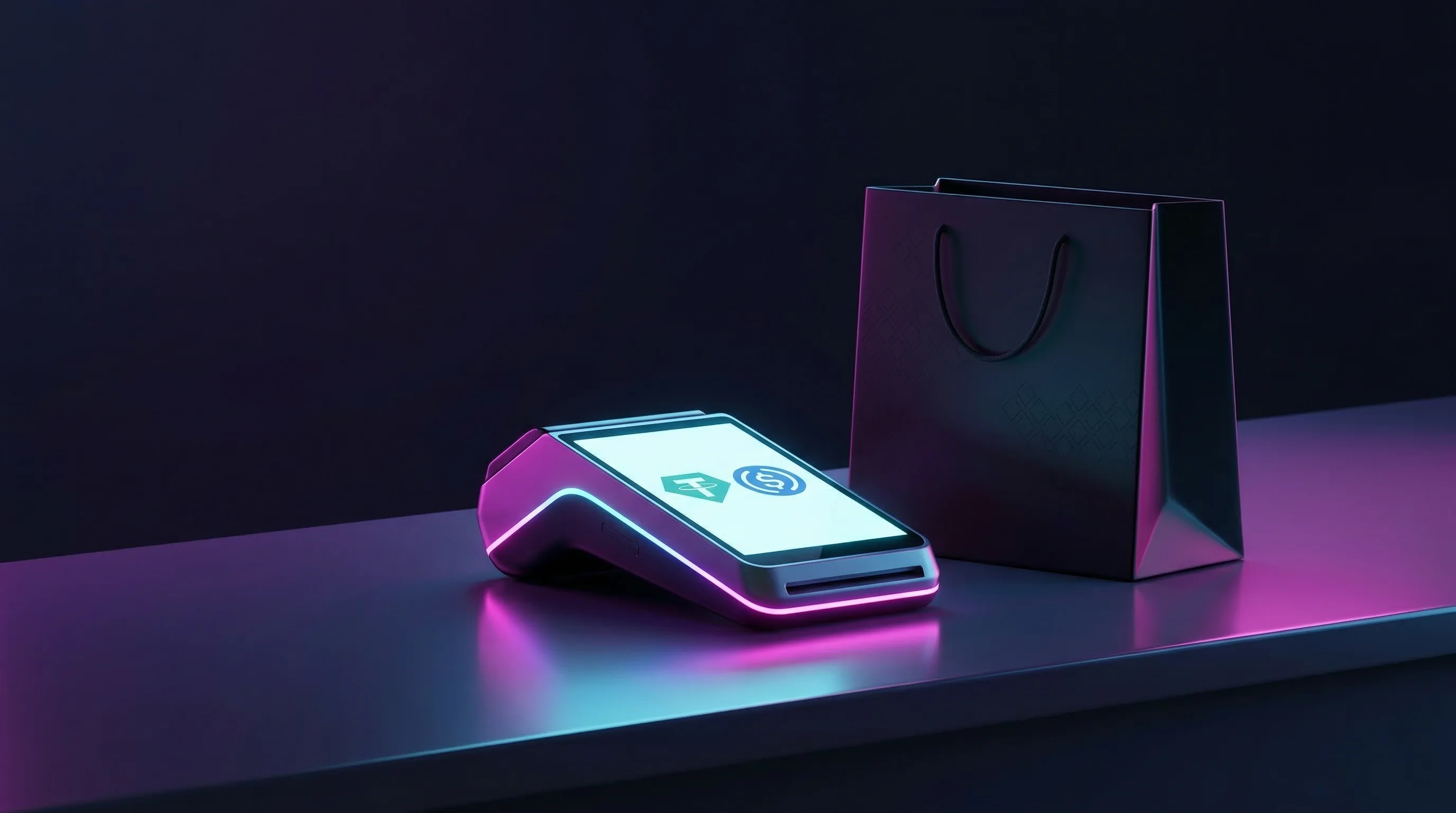 Digital illustration for article section "Where the Rubber Meets the Road" in "dtcpay's Stablecoin Payment Push Gains Traction in Retail" - A minimalist and modern retail checkout counter featuring a sleek, solitary point-of-sale payment te...