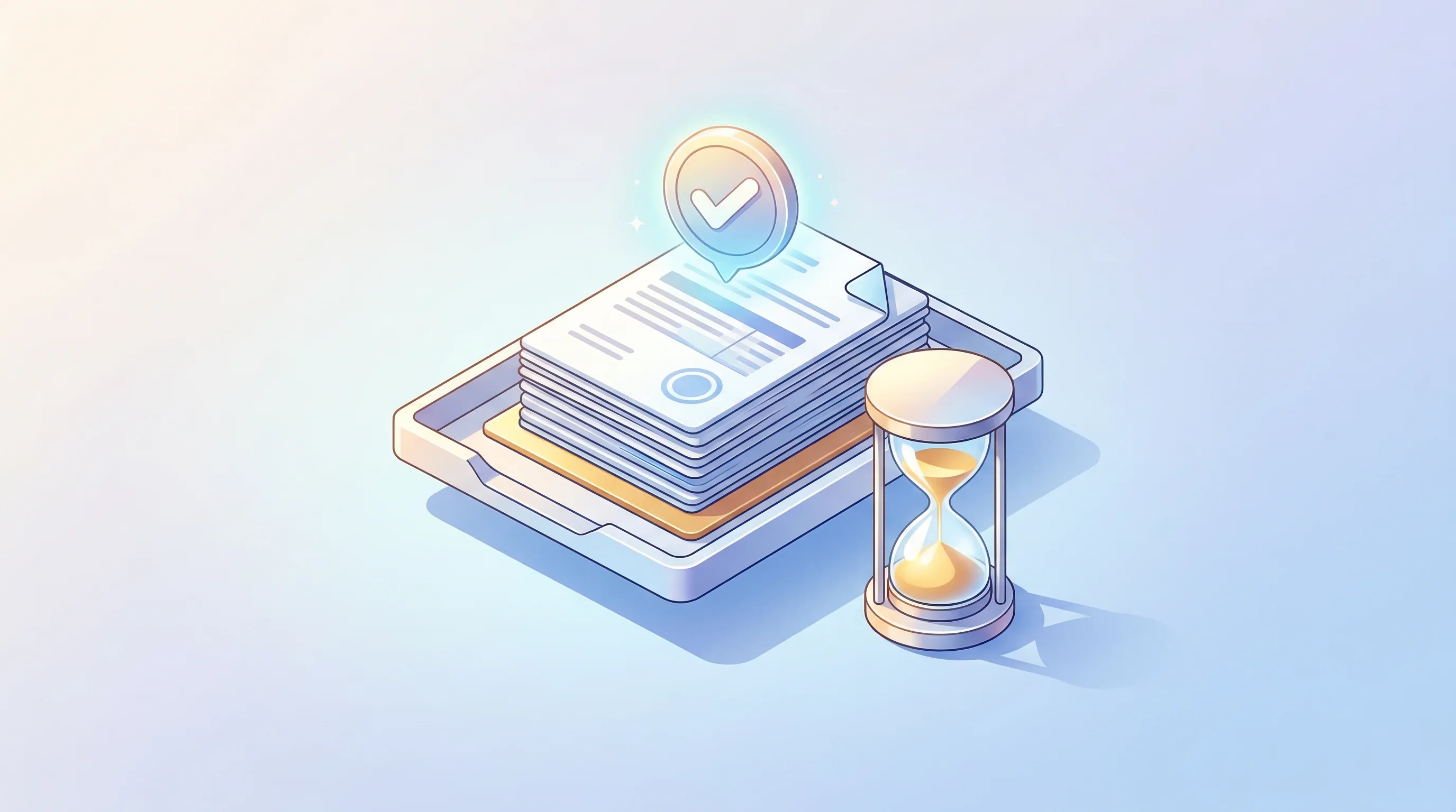 Digital illustration for article section "Early Metrics, With the Usual Caveats" in "FullSeam Launches AI 'Employee' to Automate Finance Busy Work" - A minimalist, top-down isometric perspective of a sleek, conceptual document sorting station, repres...