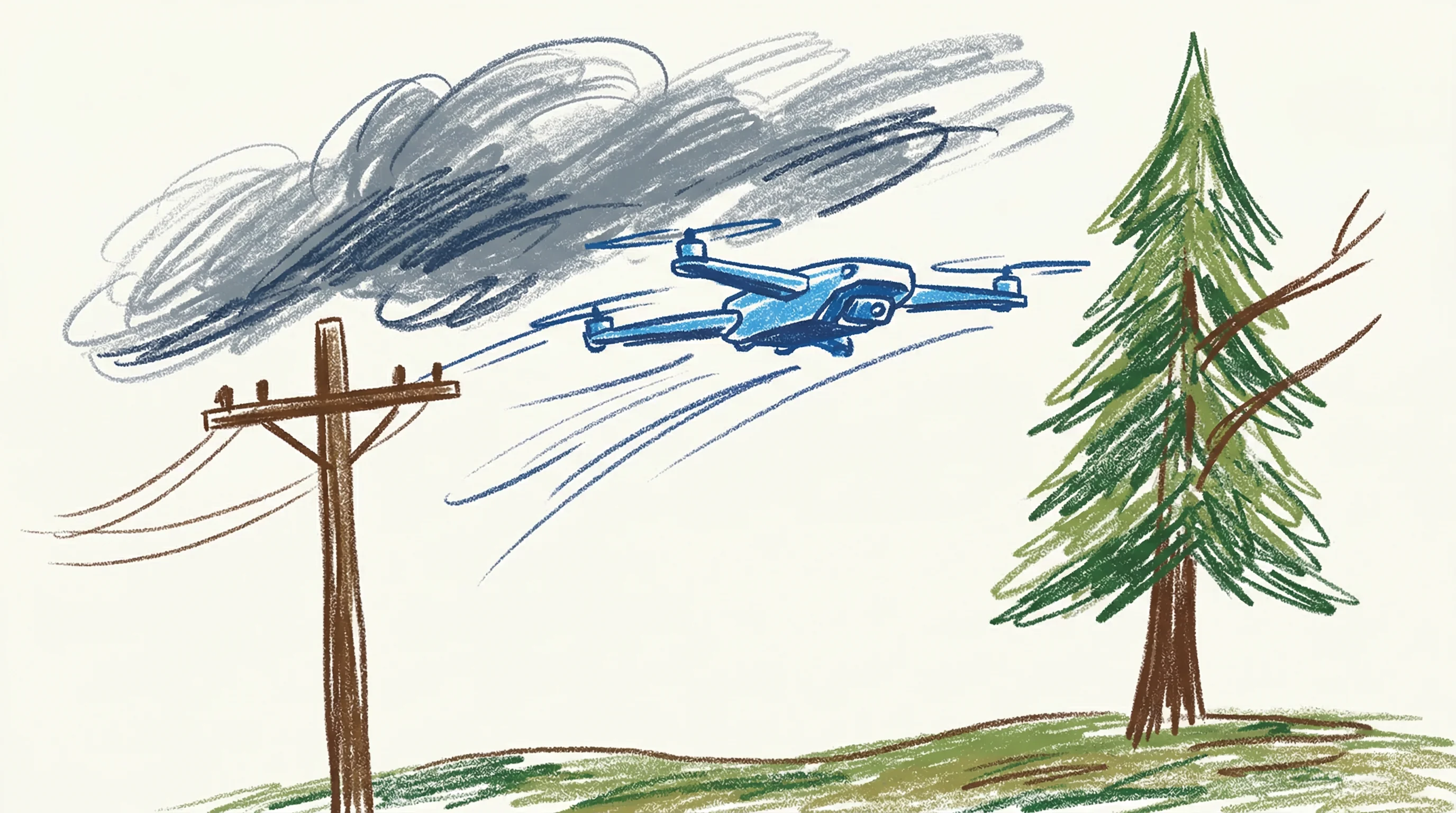 Digital illustration for article section "The Near-Term Reality" in "Voltair's Self-Charging Drones Target Infinite Range for Grid Inspections" - A conceptual editorial illustration of a modern drone flying swiftly past a simplified utility pole ...