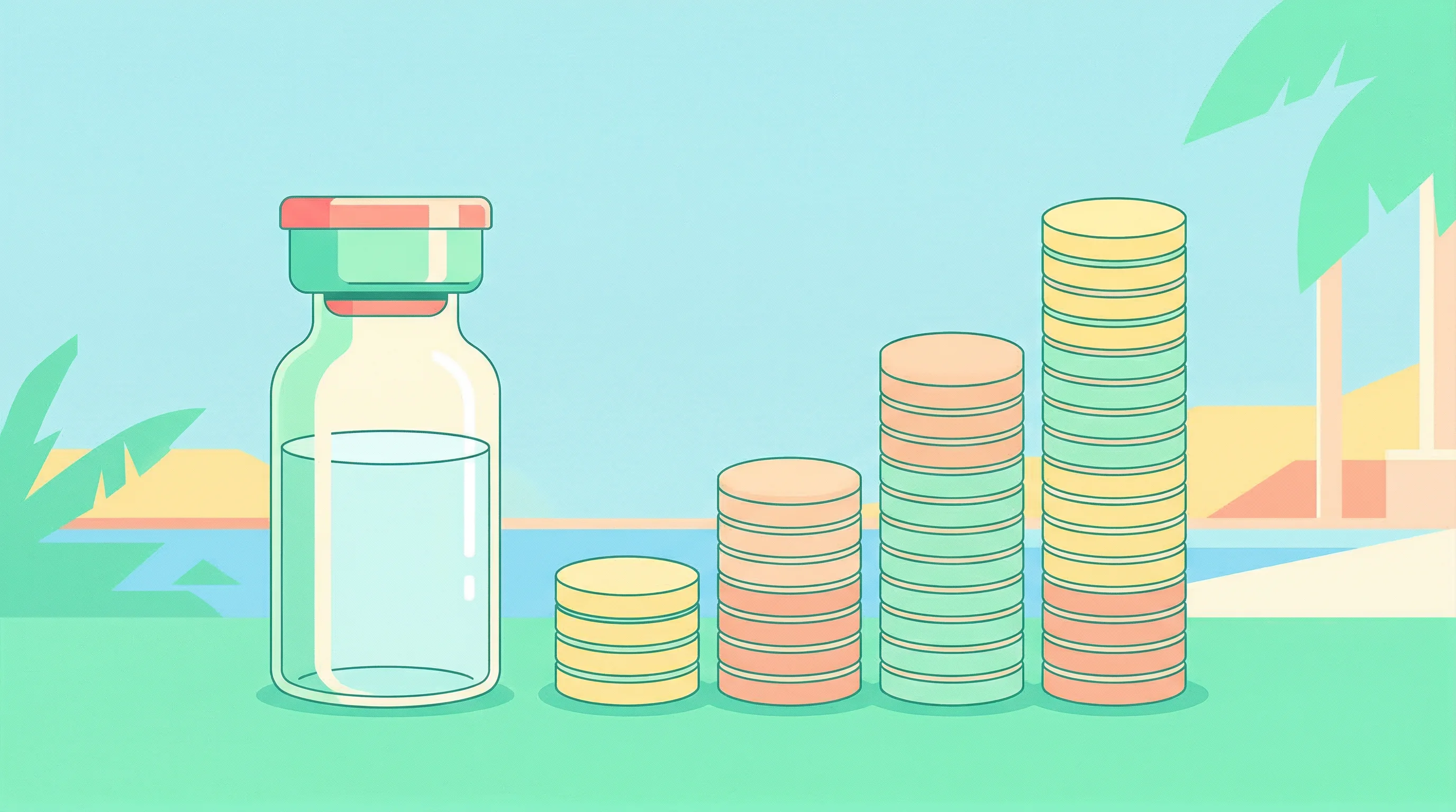 Digital illustration for article section "The Market Has a Moment" in "Ruma Care's AI Slashes Prior Auth Denials for $150K Biologics" - A clean, minimalist flat vector illustration of a sleek, premium medicine vial standing beside a ris...