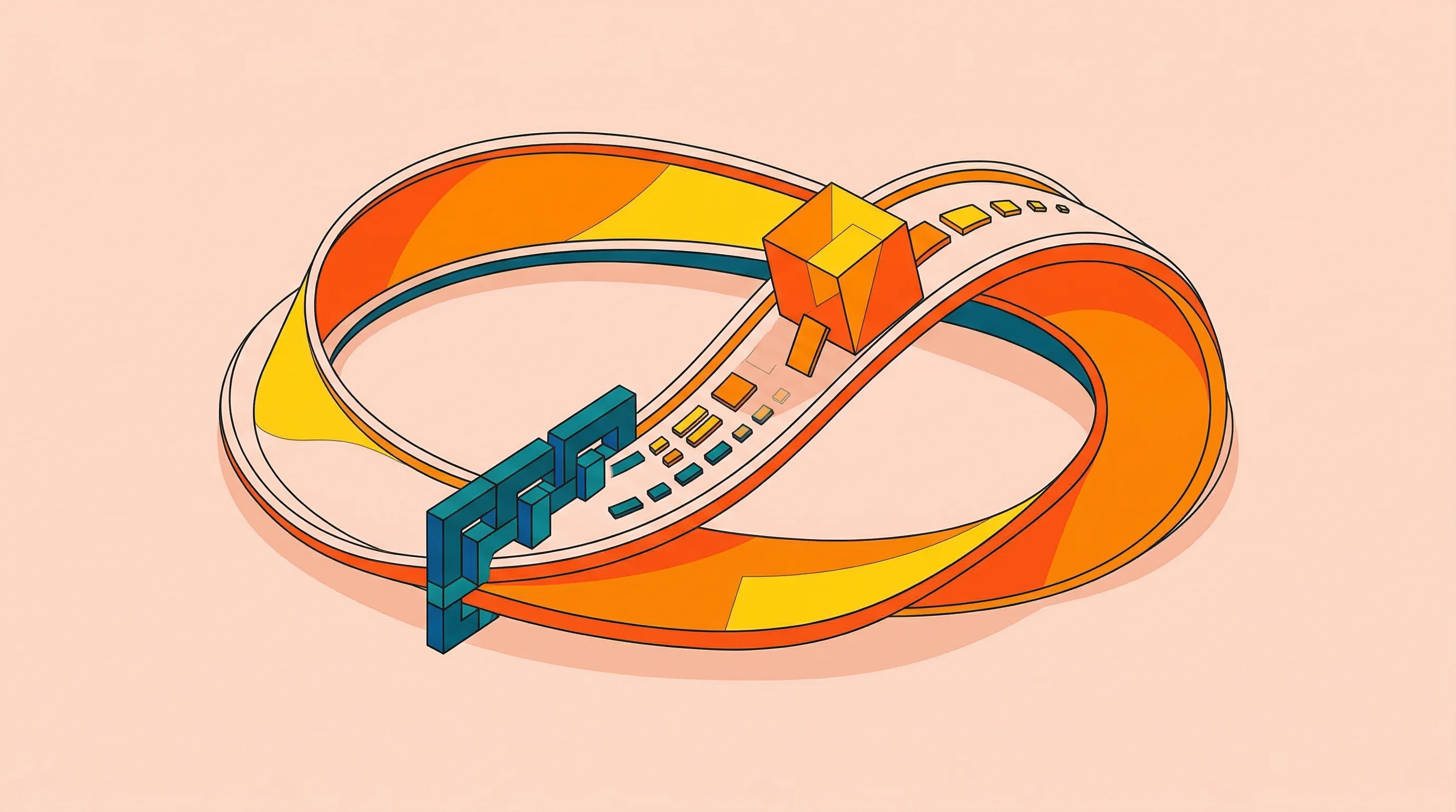 Digital illustration for article section "When Blocks Become Feedback Loops" in "Salus Launches Pre-Execution Guardrails to Validate AI Agent Actions" - A conceptual, modern illustration of an abstract, continuous looping pathway where a geometric block...