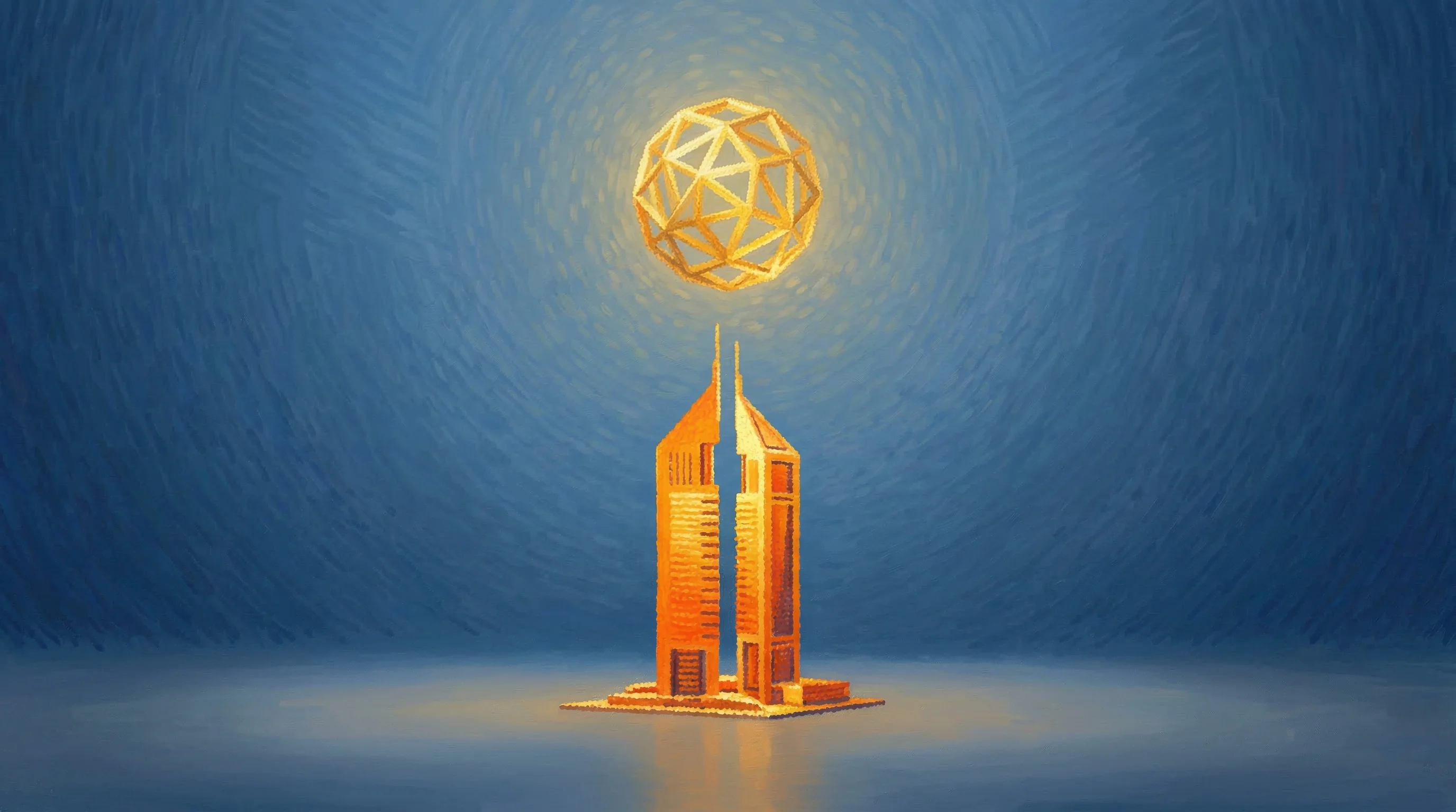 Digital illustration for article section "The Money and the Model" in "Tether Leads $7.5M Round for Bitcoin Stablecoin Startup Utexo" - A minimalist and conceptual scene featuring a sleek, abstract architectural structure inspired by mo...