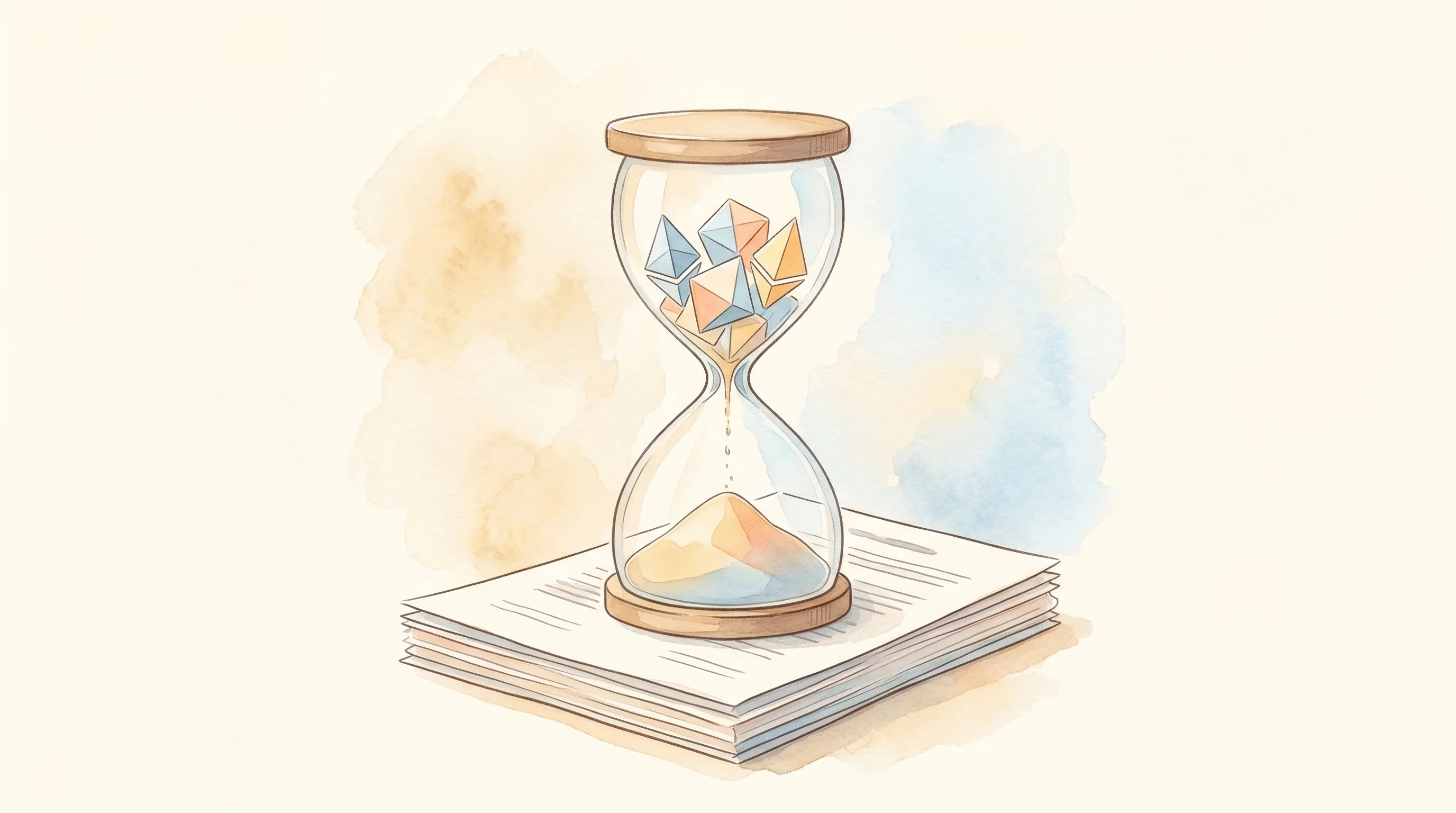 Digital illustration for article section "The Long Game" in "Newcode.ai Raises $6.5M to Automate Legal Work with AI Agents" - A conceptual, minimalist illustration of a classic glass hourglass resting on a neat, subtle stack o...