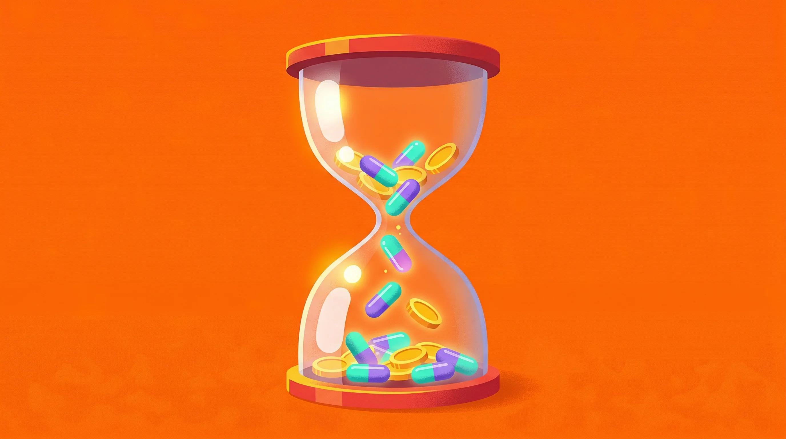 Digital illustration for article section "What's at Stake" in "Rivia's AI Cuts Clinical Trial Data Review Time by 91%" - A stylized, oversized hourglass serving as the central focal point to represent the immense time and...