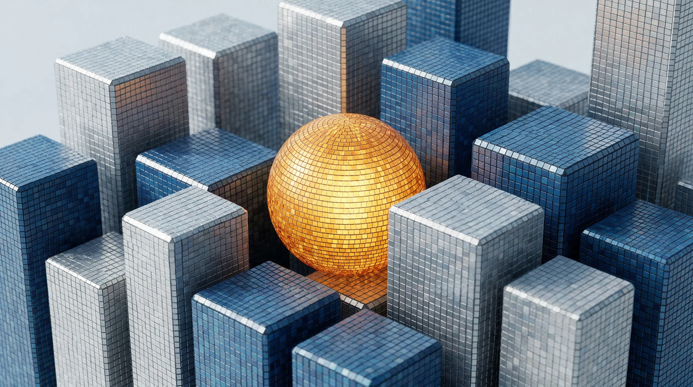 Digital illustration for article section "A Market Already Getting Crowded" in "Oxus Debuts AI Tool That Cuts SOX Audit Work From Hours to Minutes" - A conceptual, hyper-realistic 3D rendering symbolizing a crowded and accelerating corporate market, ...