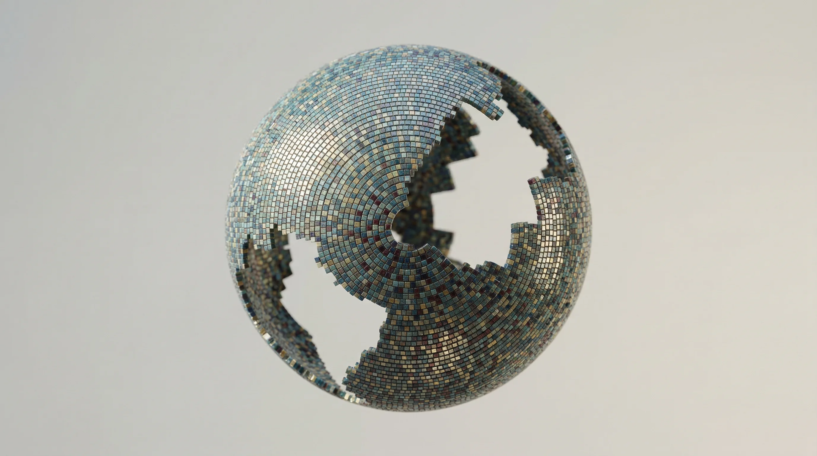 Digital illustration for article section "What We Don't Yet Know" in "Oxus Debuts AI Tool That Cuts SOX Audit Work From Hours to Minutes" - A modern, conceptual 3D hyper-realistic rendering of a partially completed abstract data sphere repr...