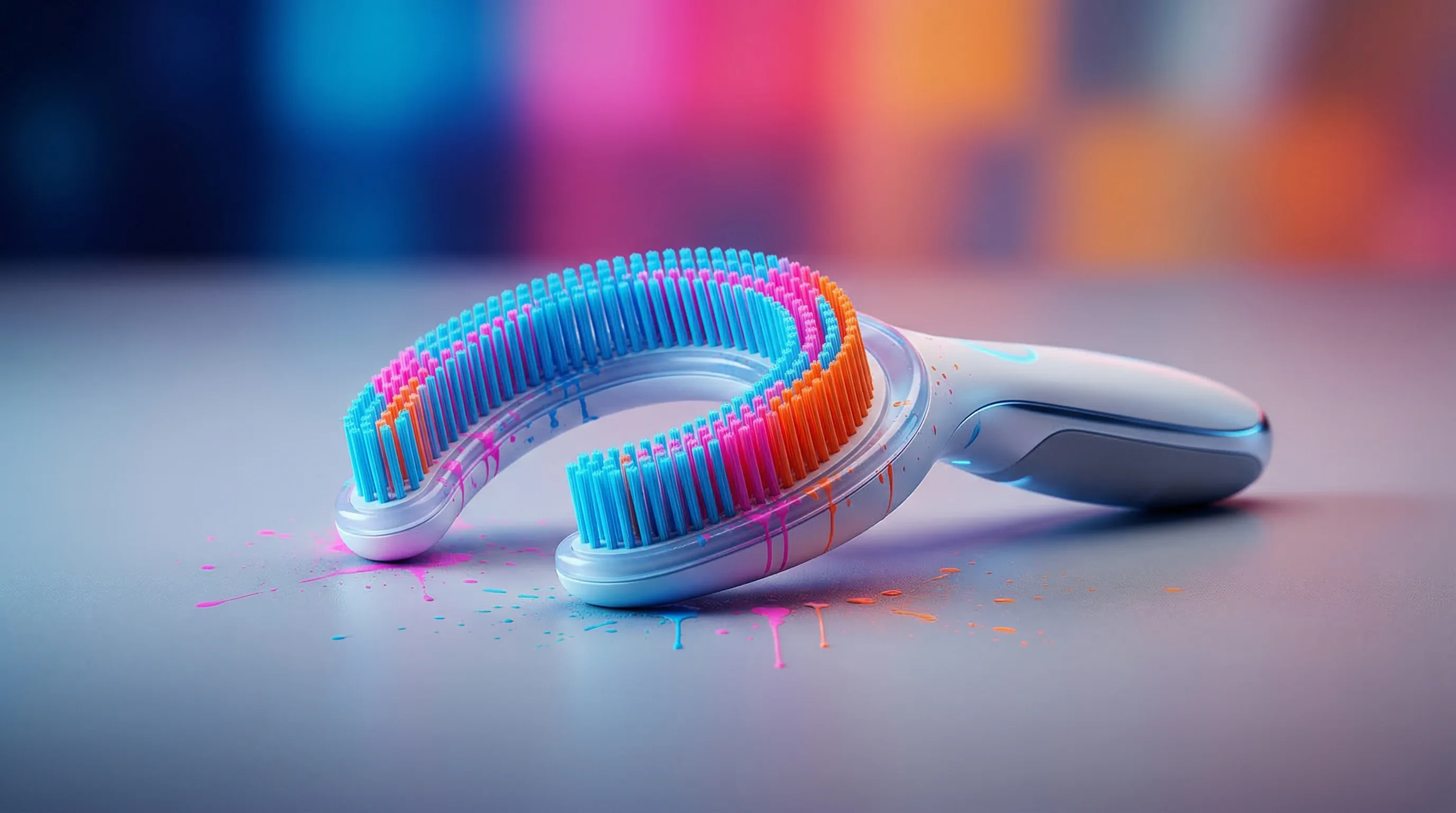 Digital illustration for article section "The Smartbrush: Fast, Strange, and Watching" in "Feno Raises $6M to Bring AI-Powered Oral Health Monitoring Home" - A striking, minimalist composition featuring a futuristic, U-shaped full-mouth smartbrush as the cen...
