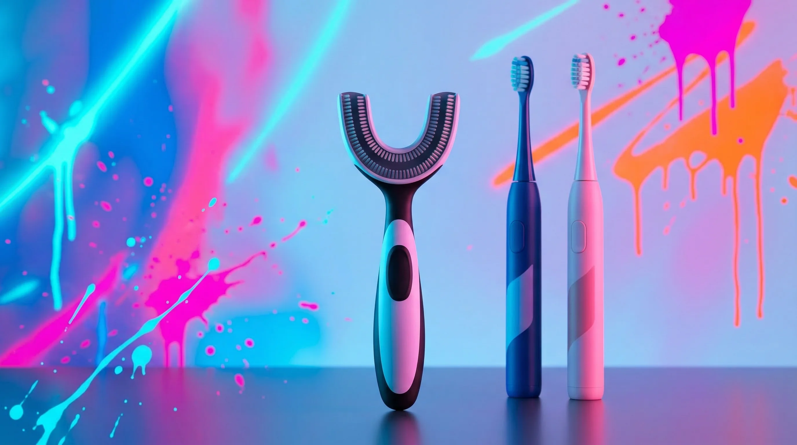 Digital illustration for article section "A Crowded, Curious Market" in "Feno Raises $6M to Bring AI-Powered Oral Health Monitoring Home" - A sleek, modern U-shaped toothbrush stands prominently as a strong focal element, conceptually repre...
