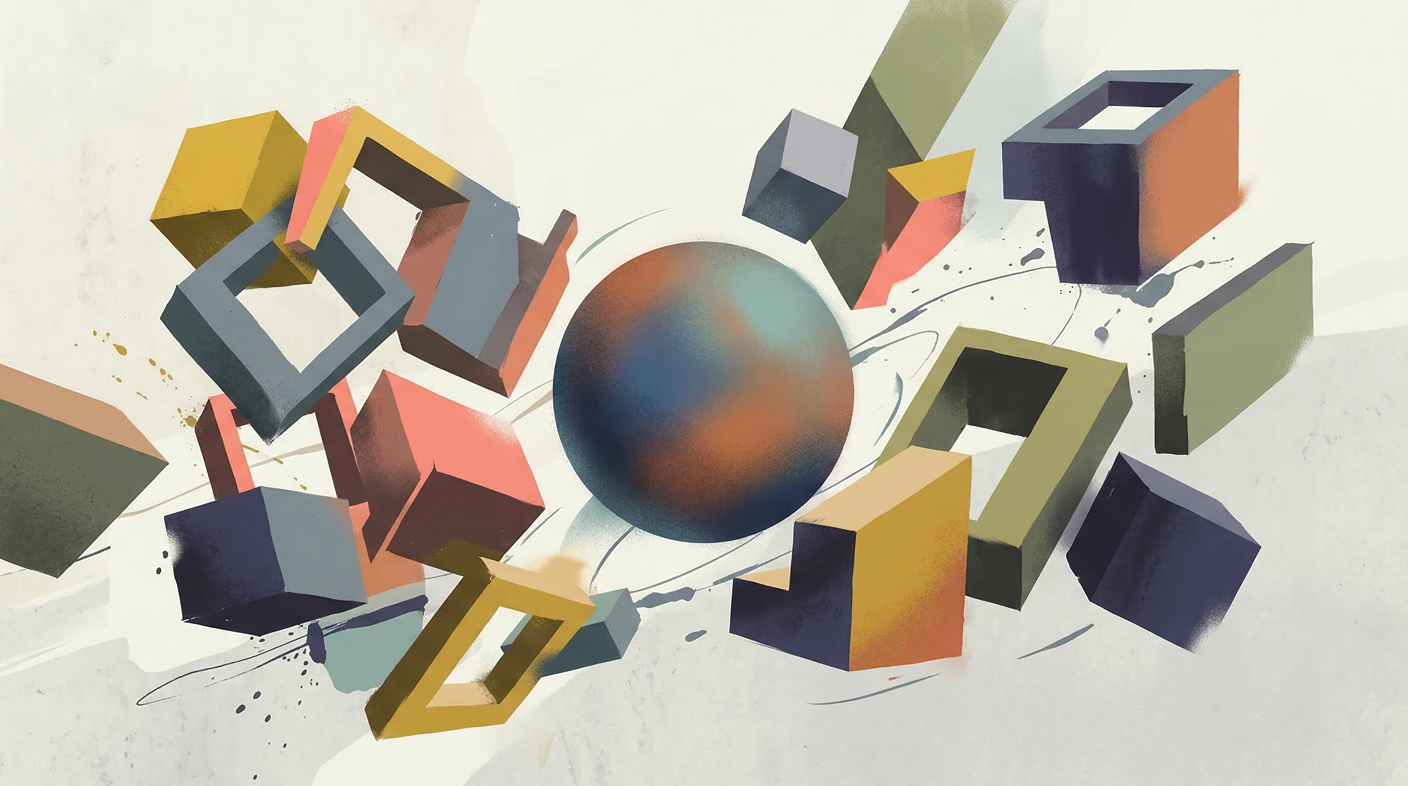 Digital illustration for article section "A Landscape in Flux" in "YC-Backed Luel Launches Rights-Cleared AI Training Data Marketplace" - A conceptual and minimal representation of a shifting landscape in flux, symbolizing a quietly reord...