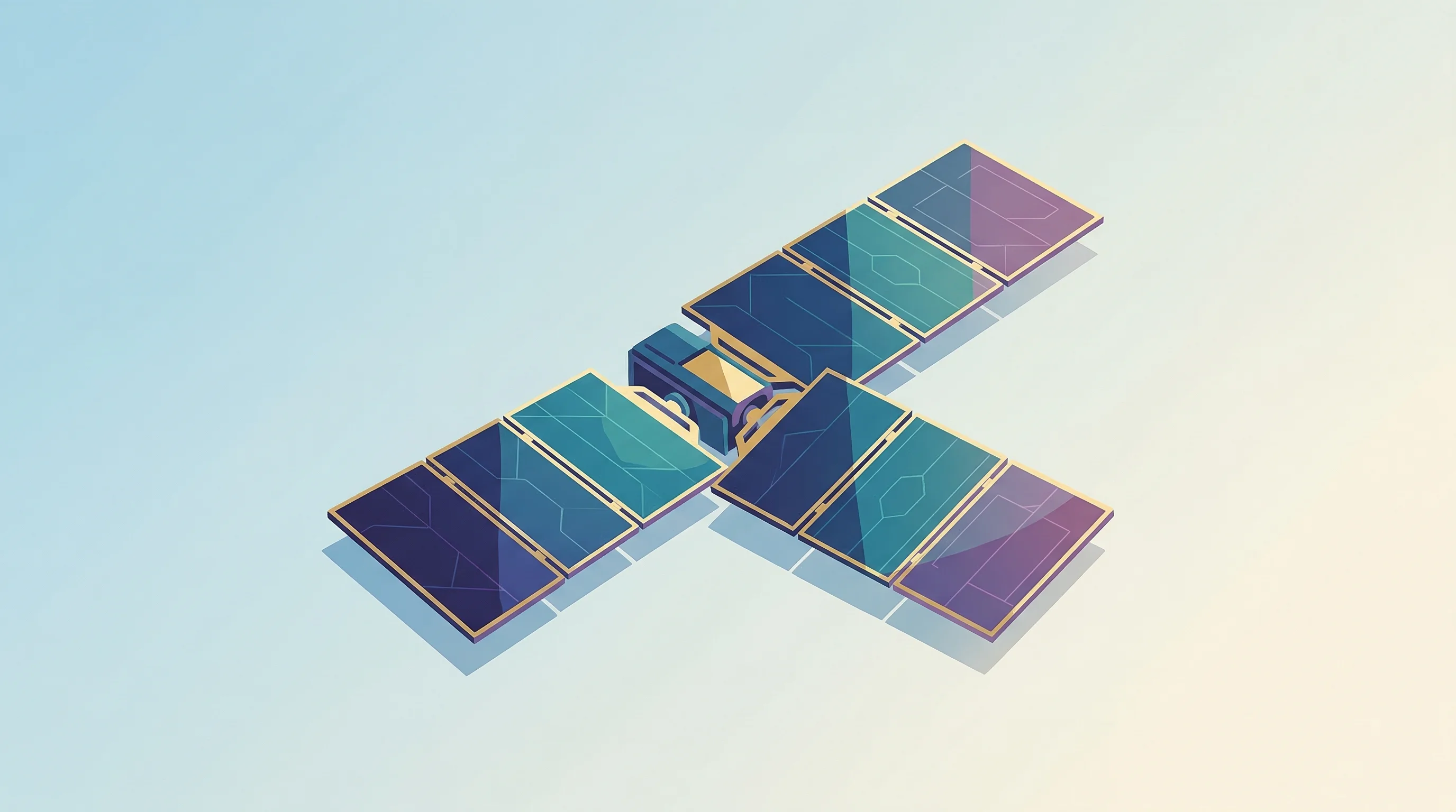 Digital illustration for article section "The Supply Side Scrambles" in "Space Solar Arrays Scale Up: The Race to Power Orbital Infrastructure" - A minimalist, flat-design illustration of a gleaming space-grade solar array panel expanding and unf...