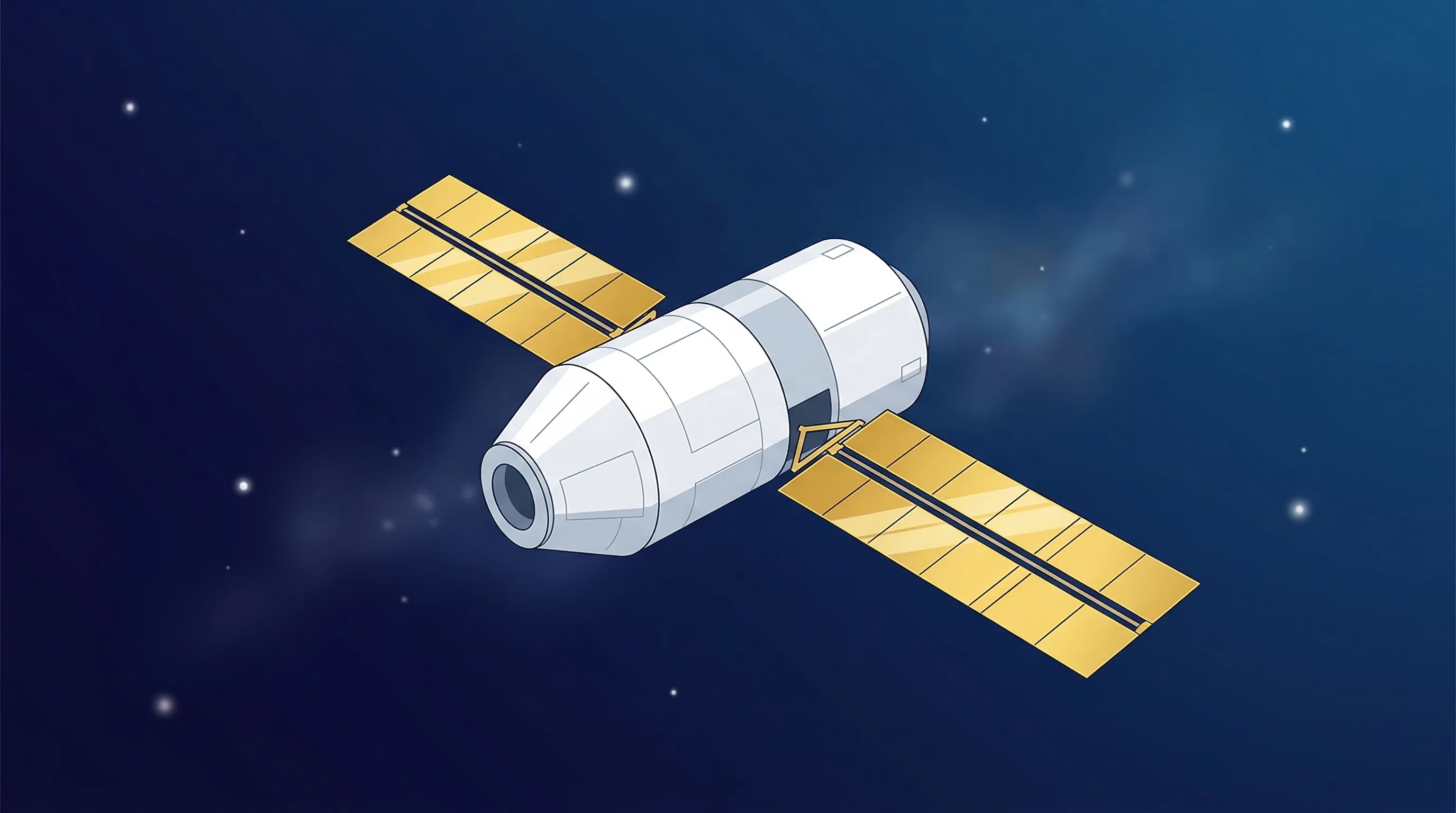 Digital illustration for article section "Unfolding in a Vacuum" in "Space Solar Arrays Scale Up: The Race to Power Orbital Infrastructure" - A minimalist, conceptual illustration of a sleek, modern space station module with unfolding golden ...