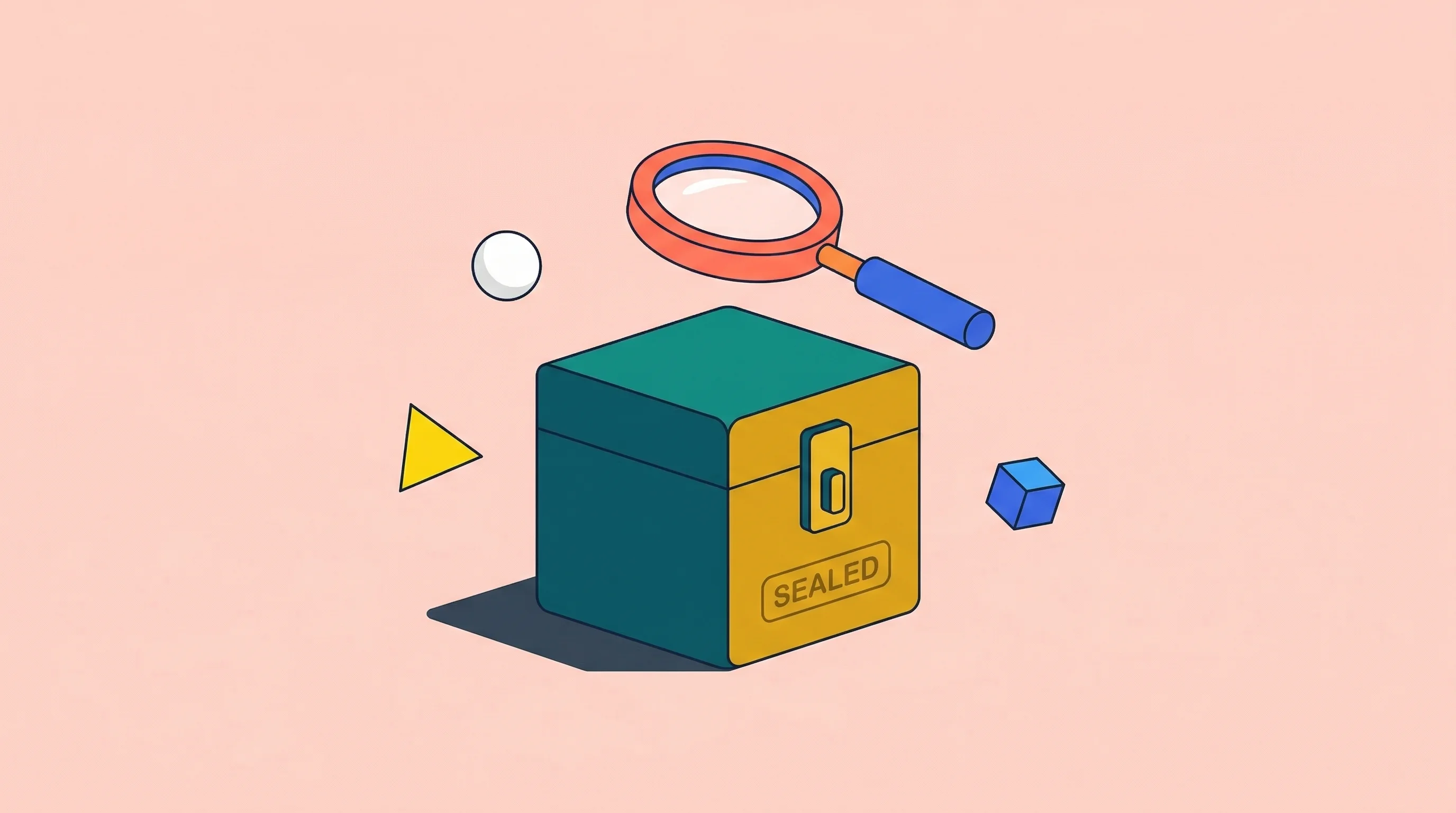 Digital illustration for article section "The Known Unknowns" in "Mistral AI Launches Leanstral, First Open-Source Agent for Formal Proofs" - A clean, minimalist flat illustration of a stylized magnifying glass hovering over a sleek, sealed g...