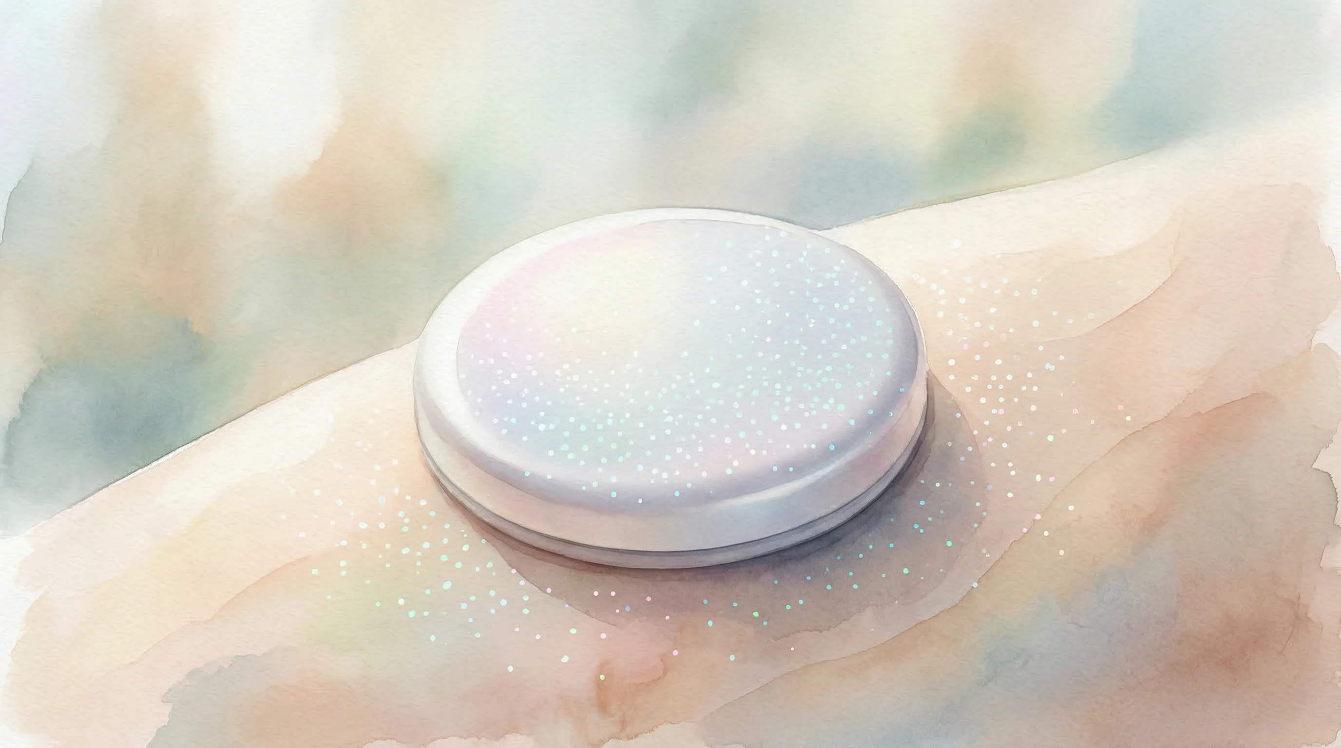 Digital illustration for article section "New Hardware, Different Bets" in "The Battle to Bring Glucose Monitors to the Masses Takes Shape" - A minimalist, conceptual close-up of a sleek, smooth, needle-free intradermal glucose sensor resting...