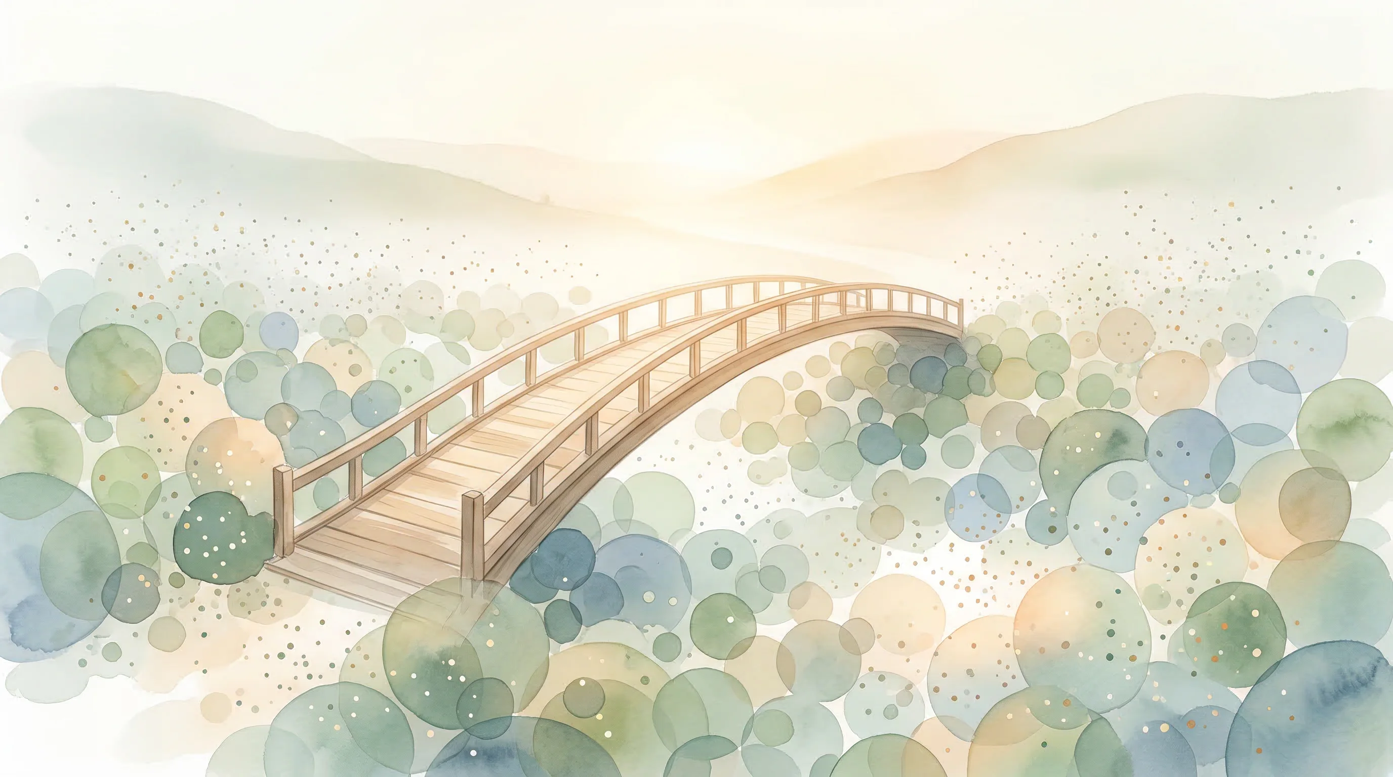 Digital illustration for article section "What Happens Next (Maybe)" in "The Battle to Bring Glucose Monitors to the Masses Takes Shape" - A dreamlike watercolor illustration of a single, elegant wooden bridge gracefully extending over a g...