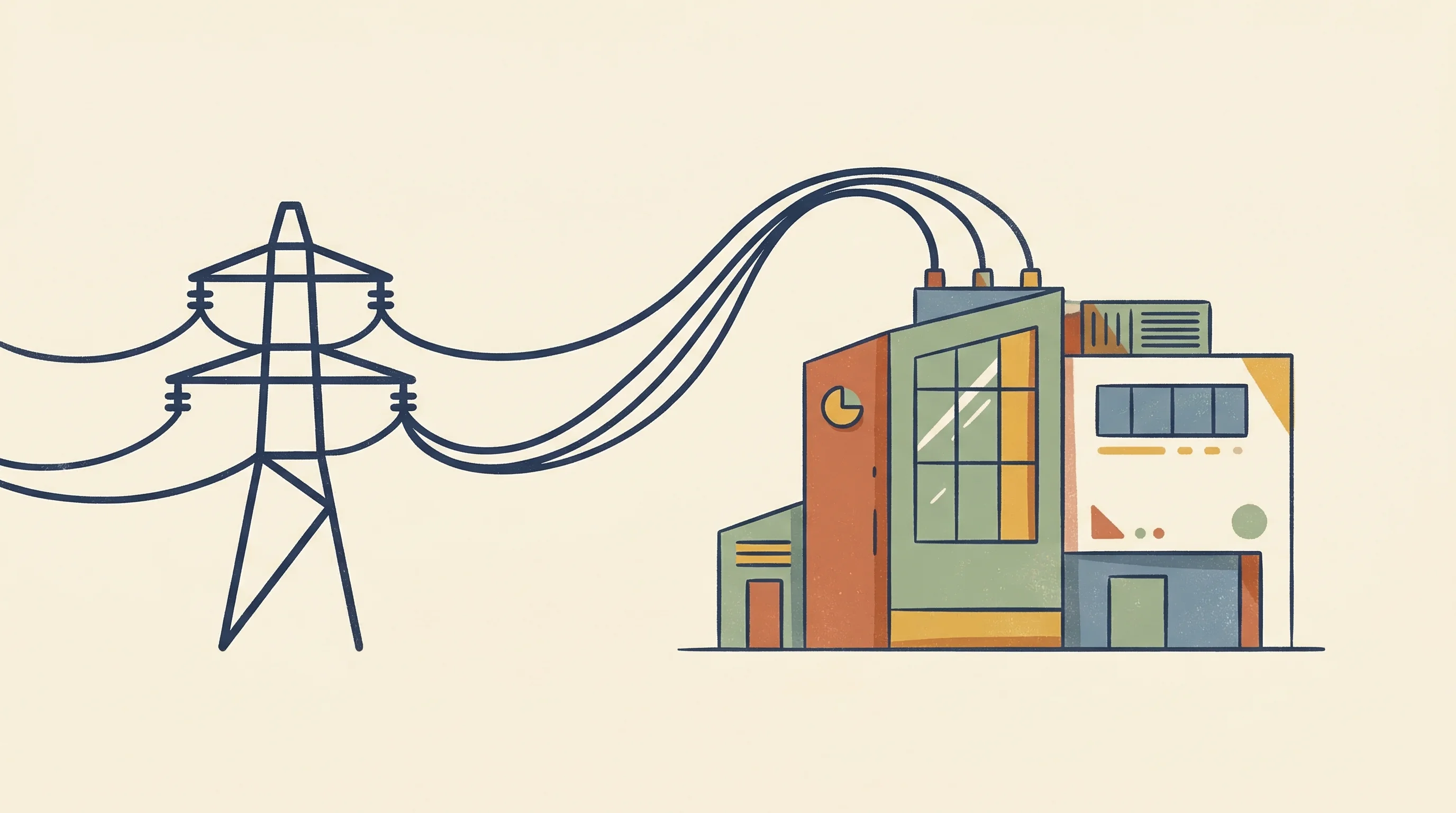 Digital illustration for article section "Governments Take Notice" in "AI Data Centers' Energy Crisis Spawns New Wave of Power Startups" - A minimalist, conceptual illustration of a stylized, modern data center building being connected to ...